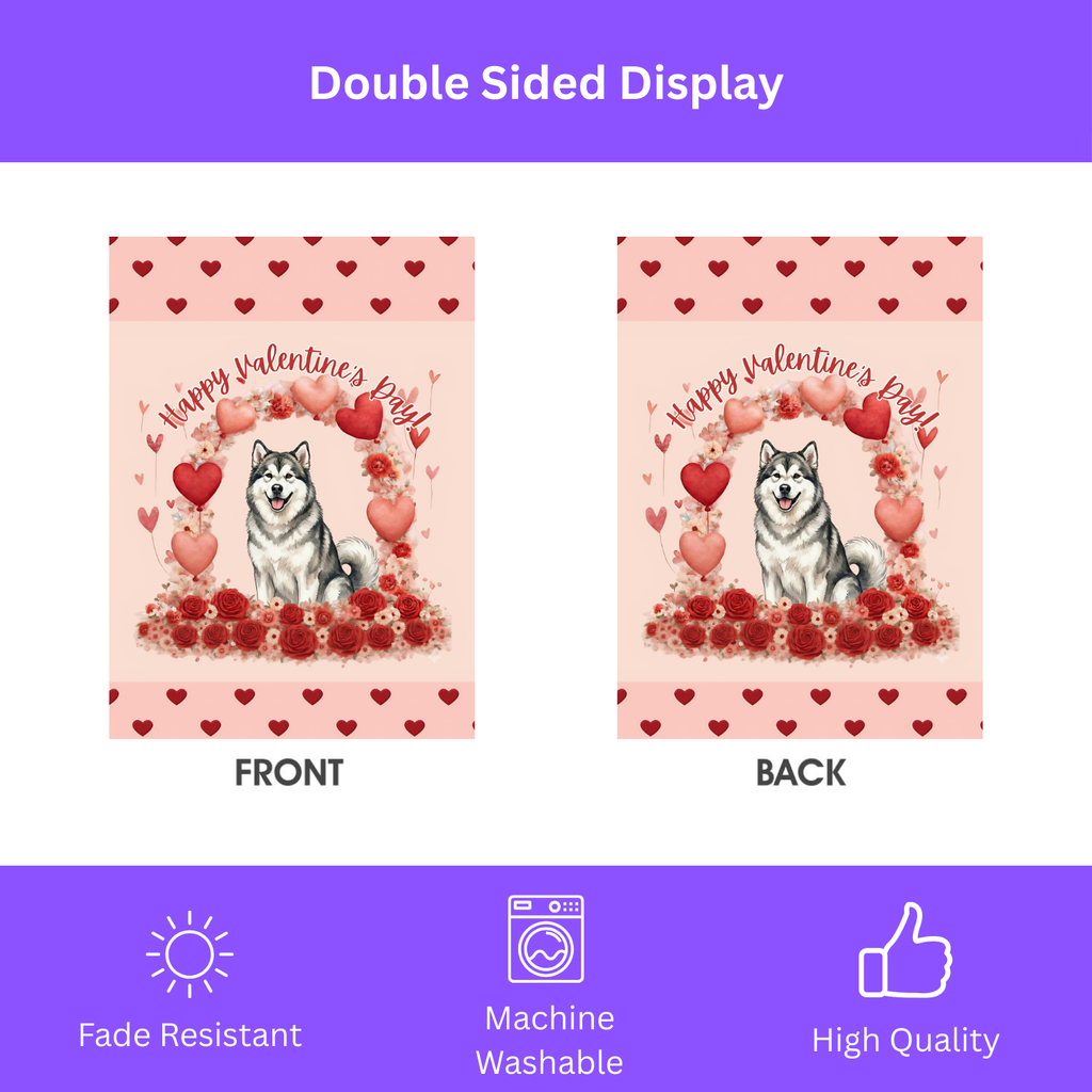 Valentine’s Day Alaskan Malamute Garden Flag - double-sided design - Dragonfire Gardens