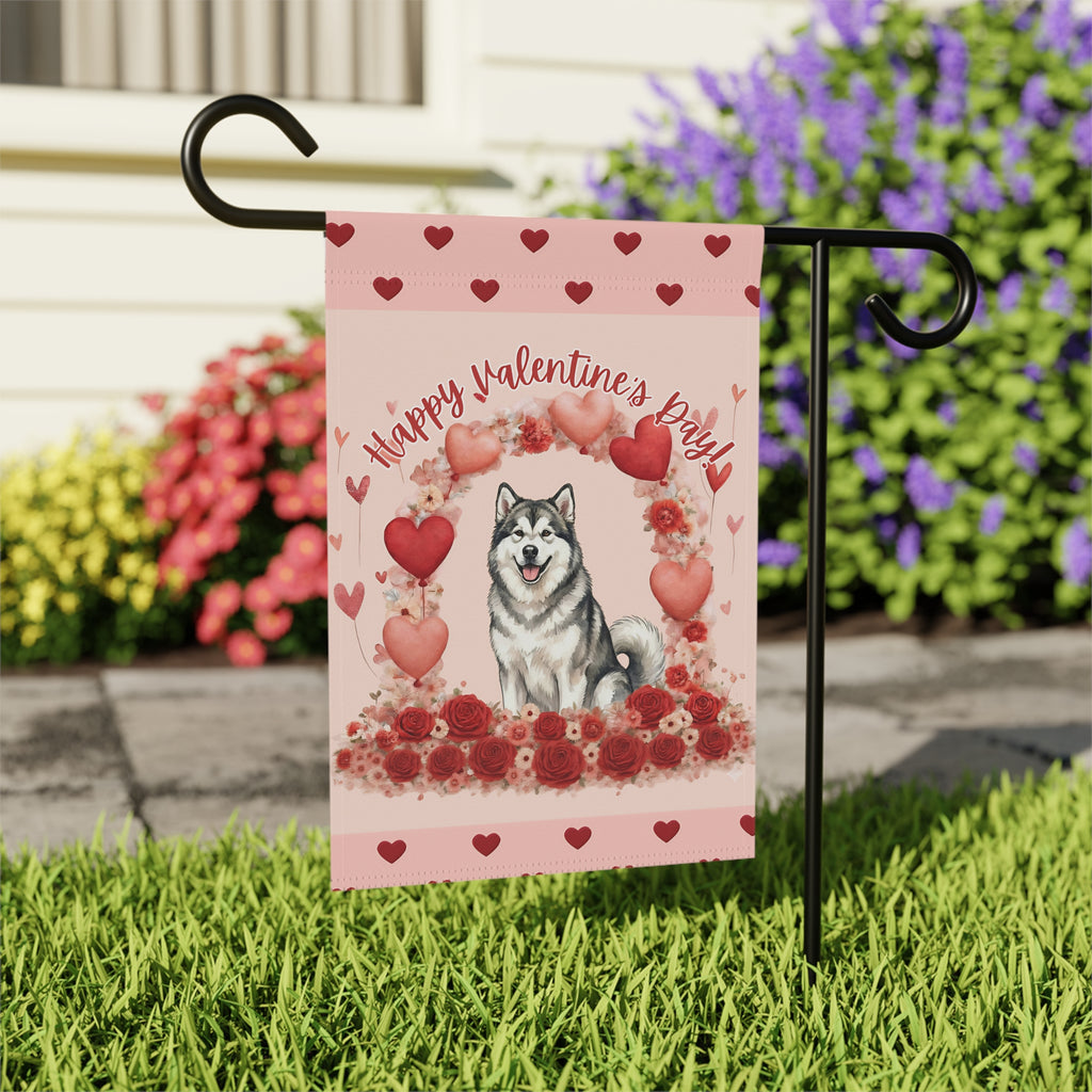 Valentine’s Day Alaskan Malamute Garden Flag - outdoor display - Dragonfire Gardens