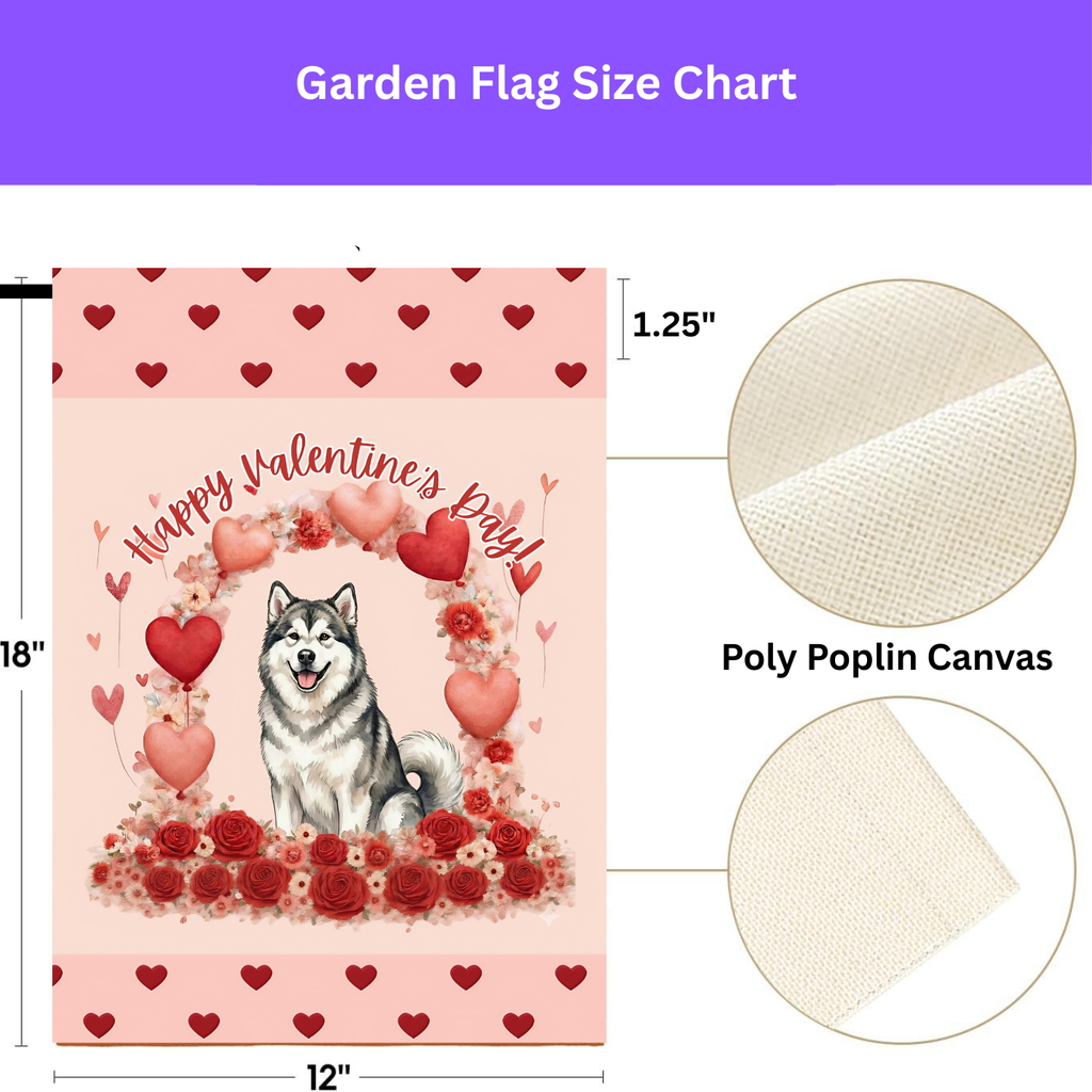 Valentine’s Day Alaskan Malamute Garden Flag - porch decor - Dragonfire Gardens
