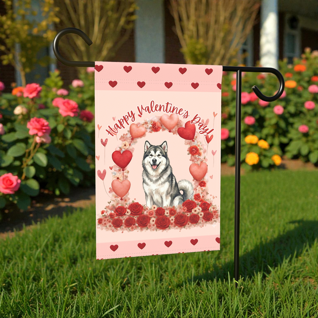 Valentine’s Day Alaskan Malamute Garden Flag - size comparison - Dragonfire Gardens