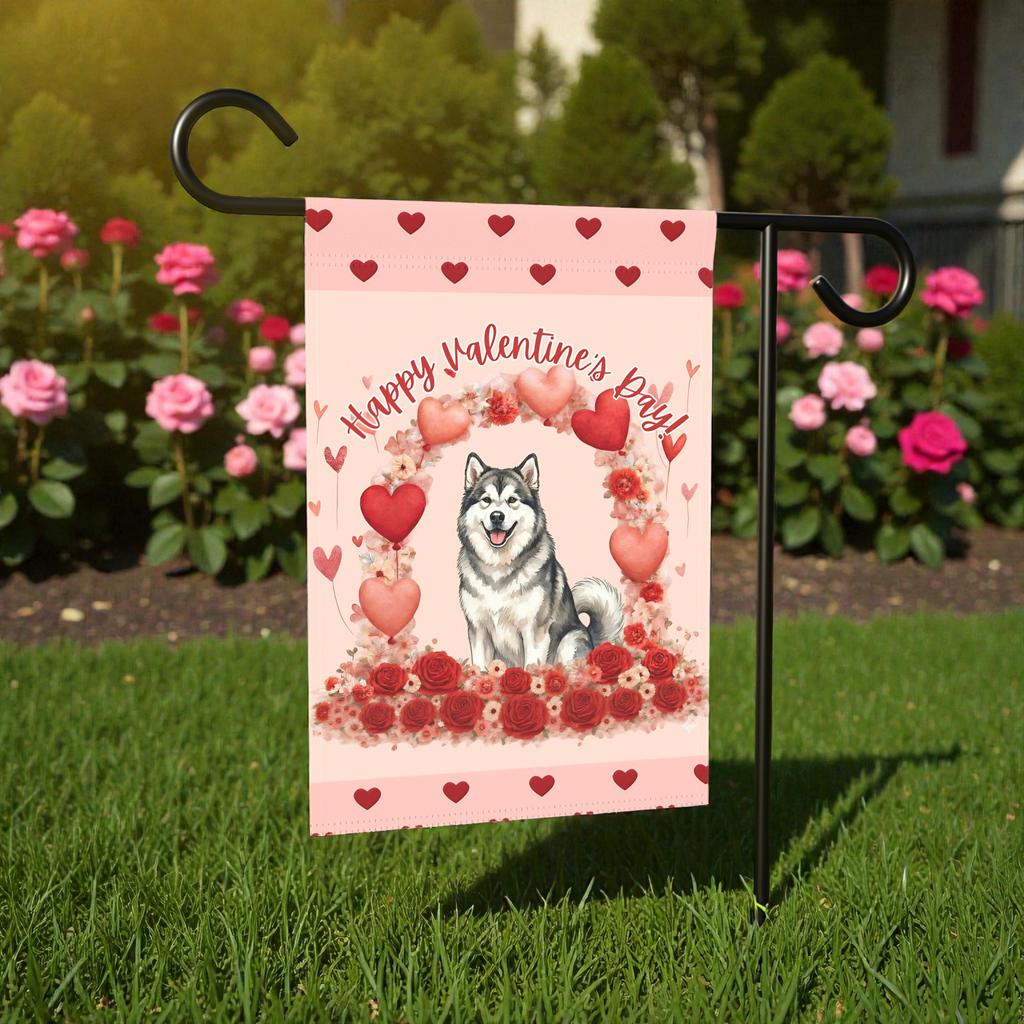 Valentine’s Day Alaskan Malamute Garden Flag - lifestyle display - Dragonfire Gardens