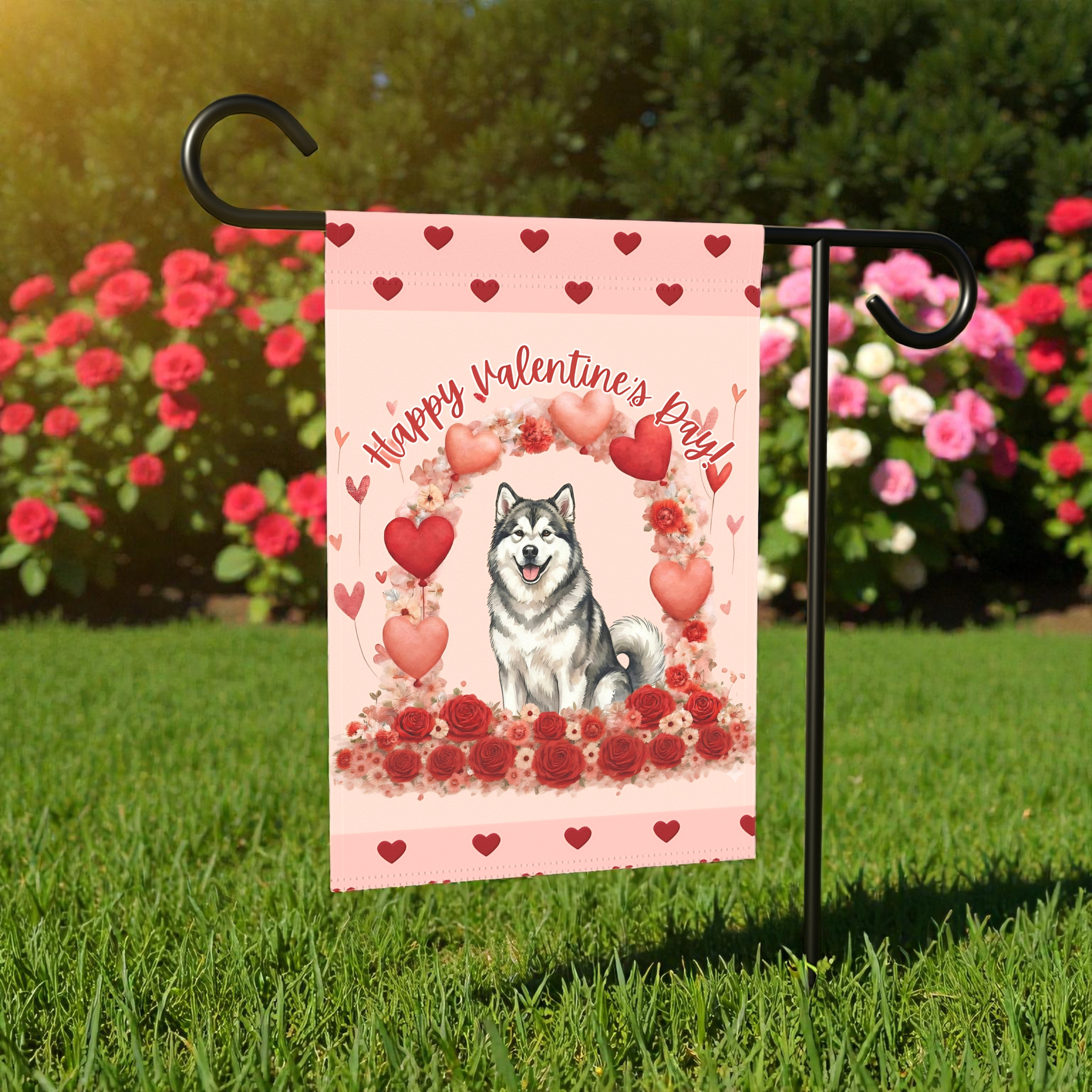 Valentine’s Day Alaskan Malamute Garden Flag - product detail - Dragonfire Gardens