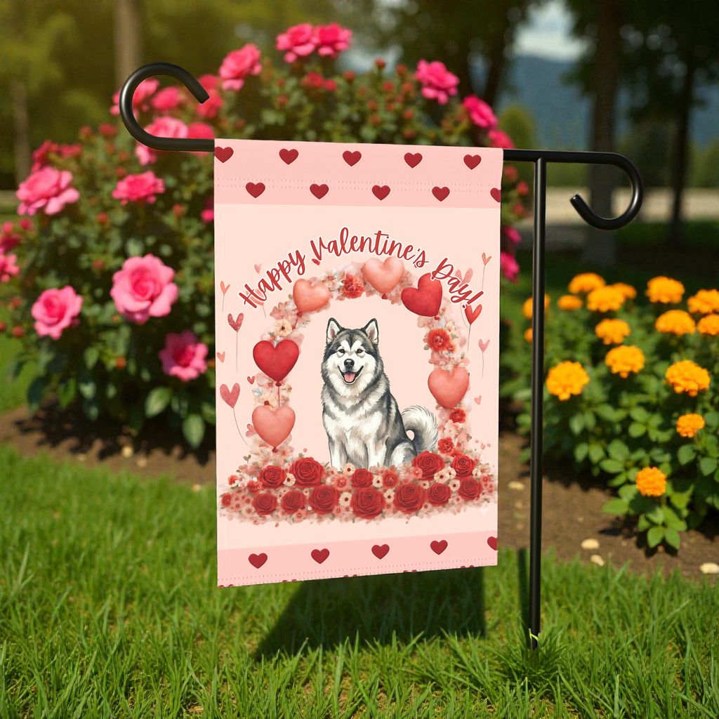 Valentine’s Day Alaskan Malamute Garden Flag - front view - Dragonfire Gardens