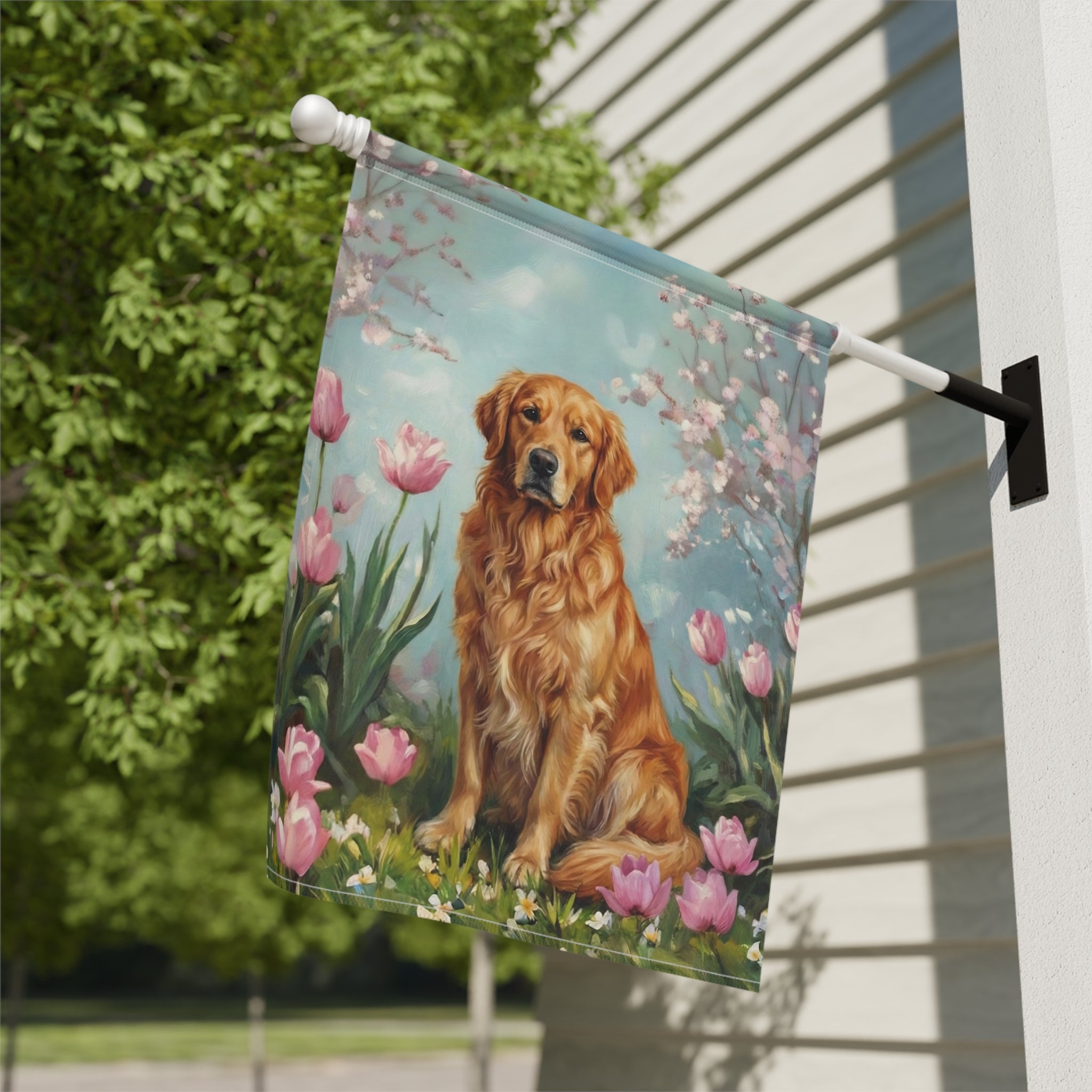Golden Retriever in Tulips Spring Garden Flag