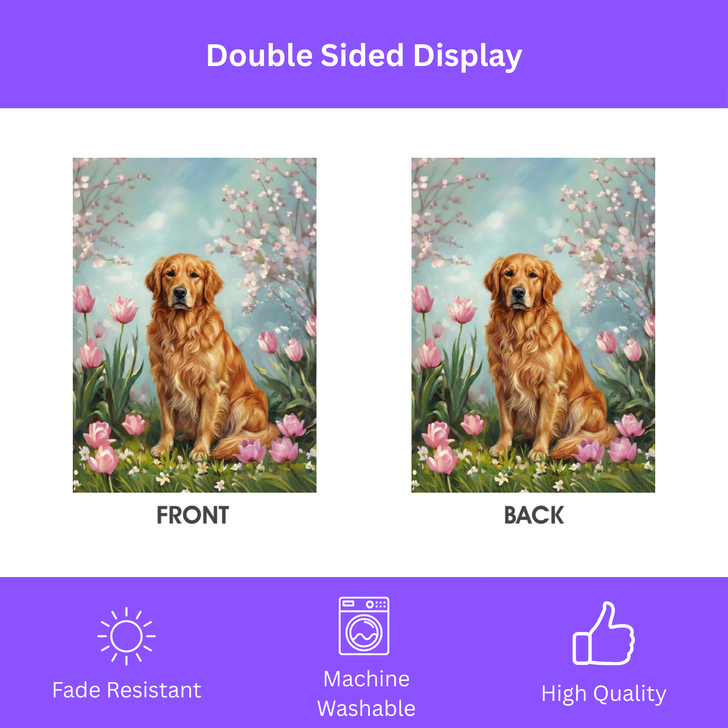 Golden Retriever in Tulips Spring Garden Flag