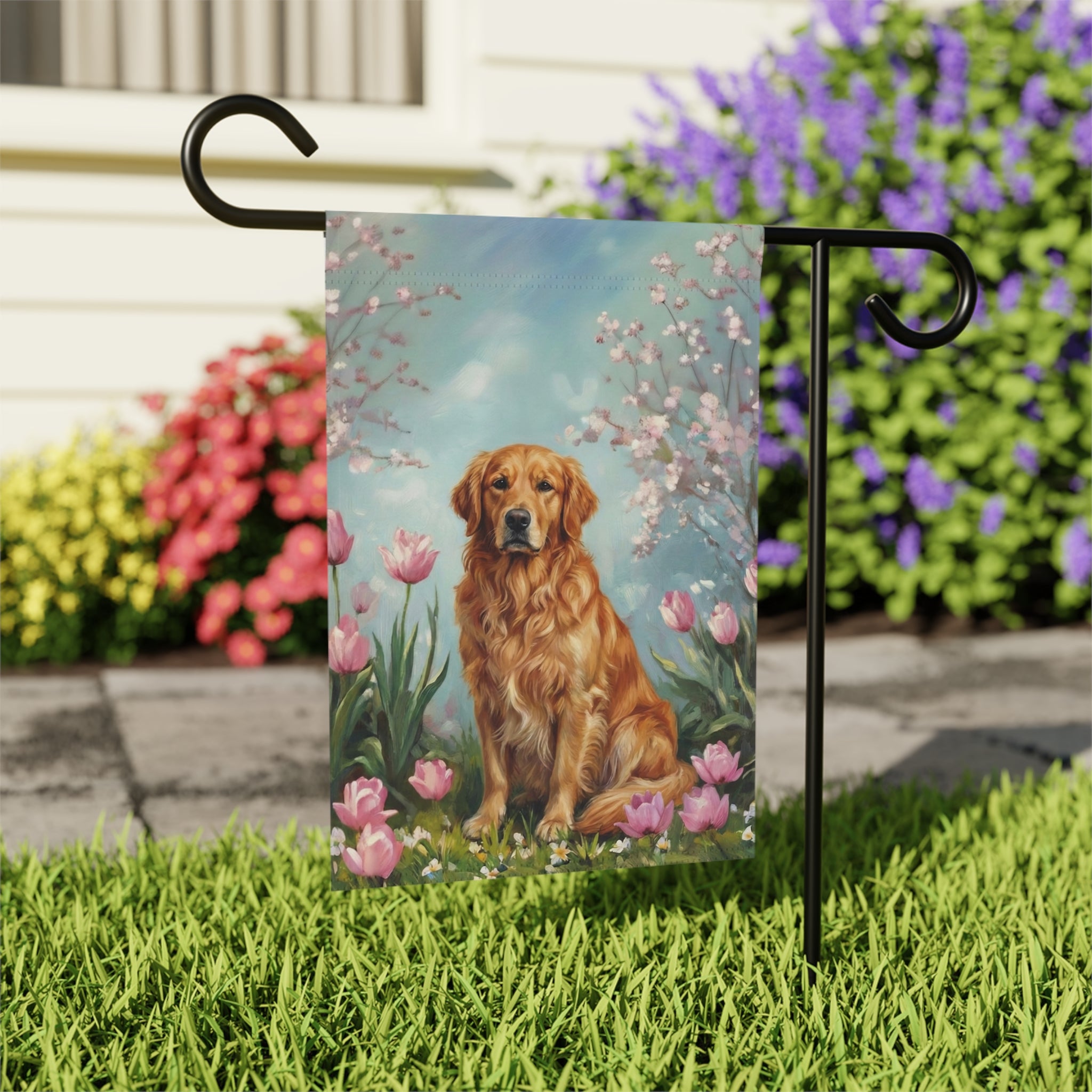Golden Retriever in Tulips Spring Garden Flag