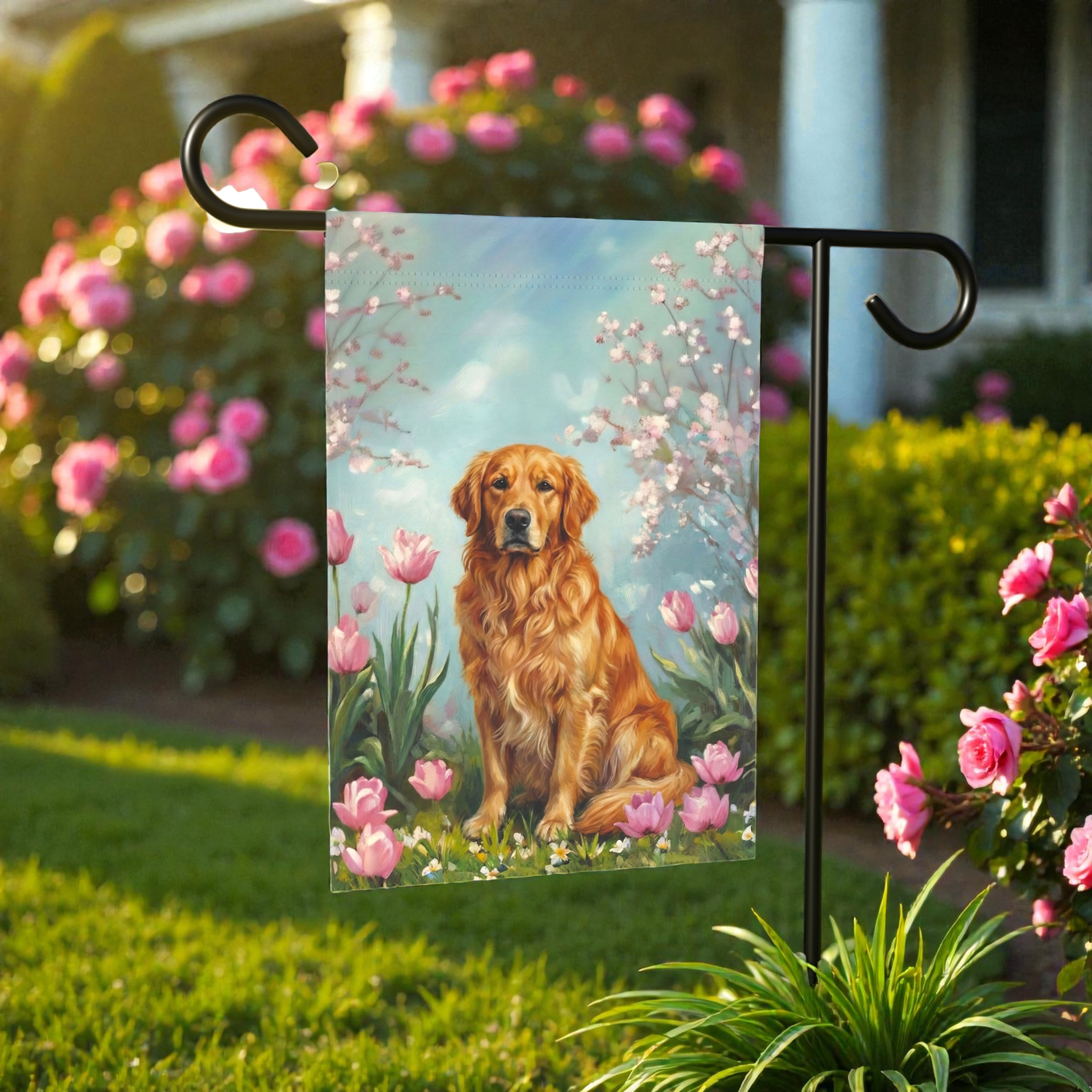Golden Retriever in Tulips Spring Garden Flag