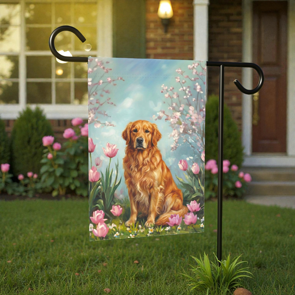 Golden Retriever in Tulips Spring Garden Flag
