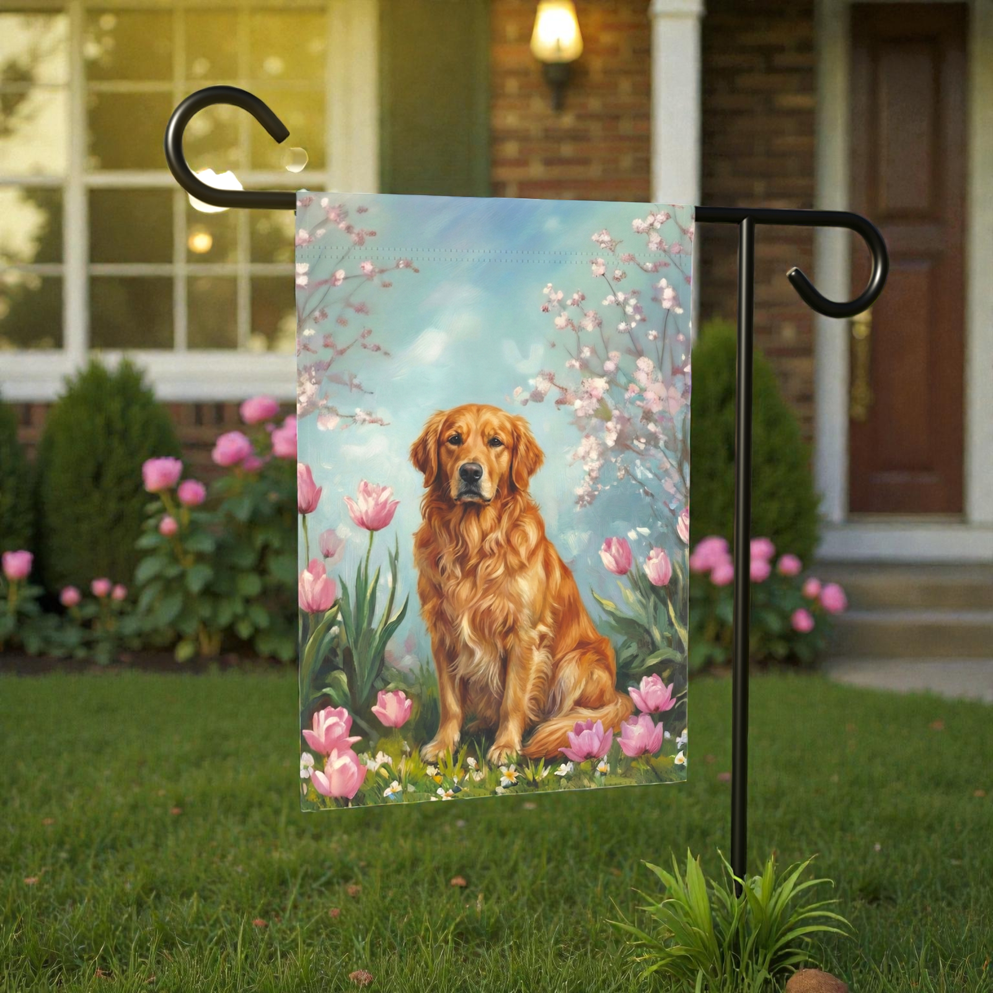 Golden Retriever in Tulips Spring Garden Flag