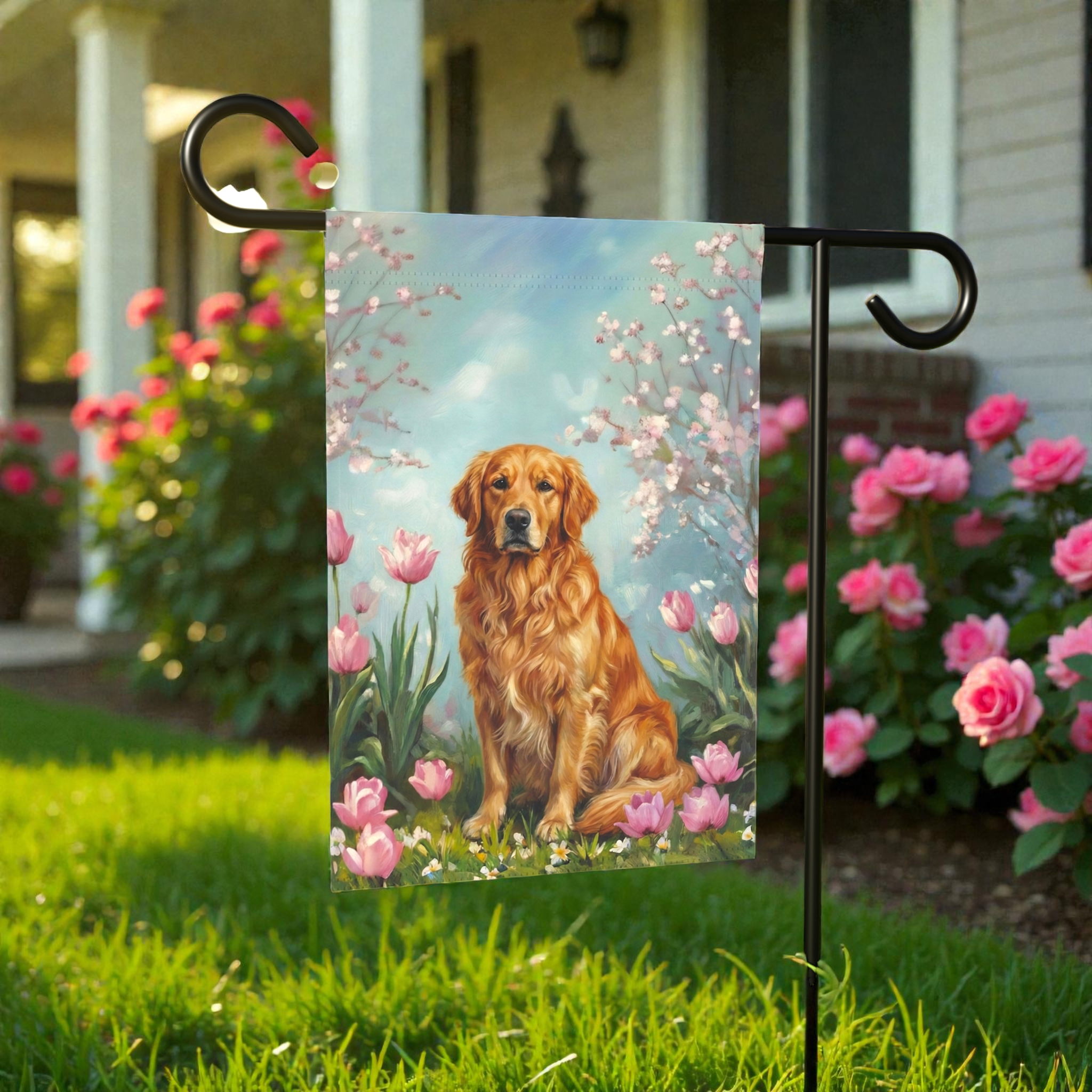 Golden Retriever in Tulips Spring Garden Flag