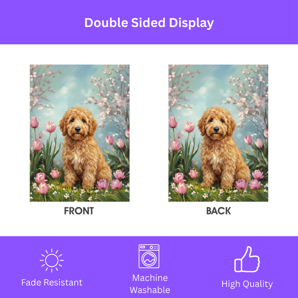 Golden Noodle in the Tulips Spring Garden Flag - double-sided design - Dragonfire Gardens
