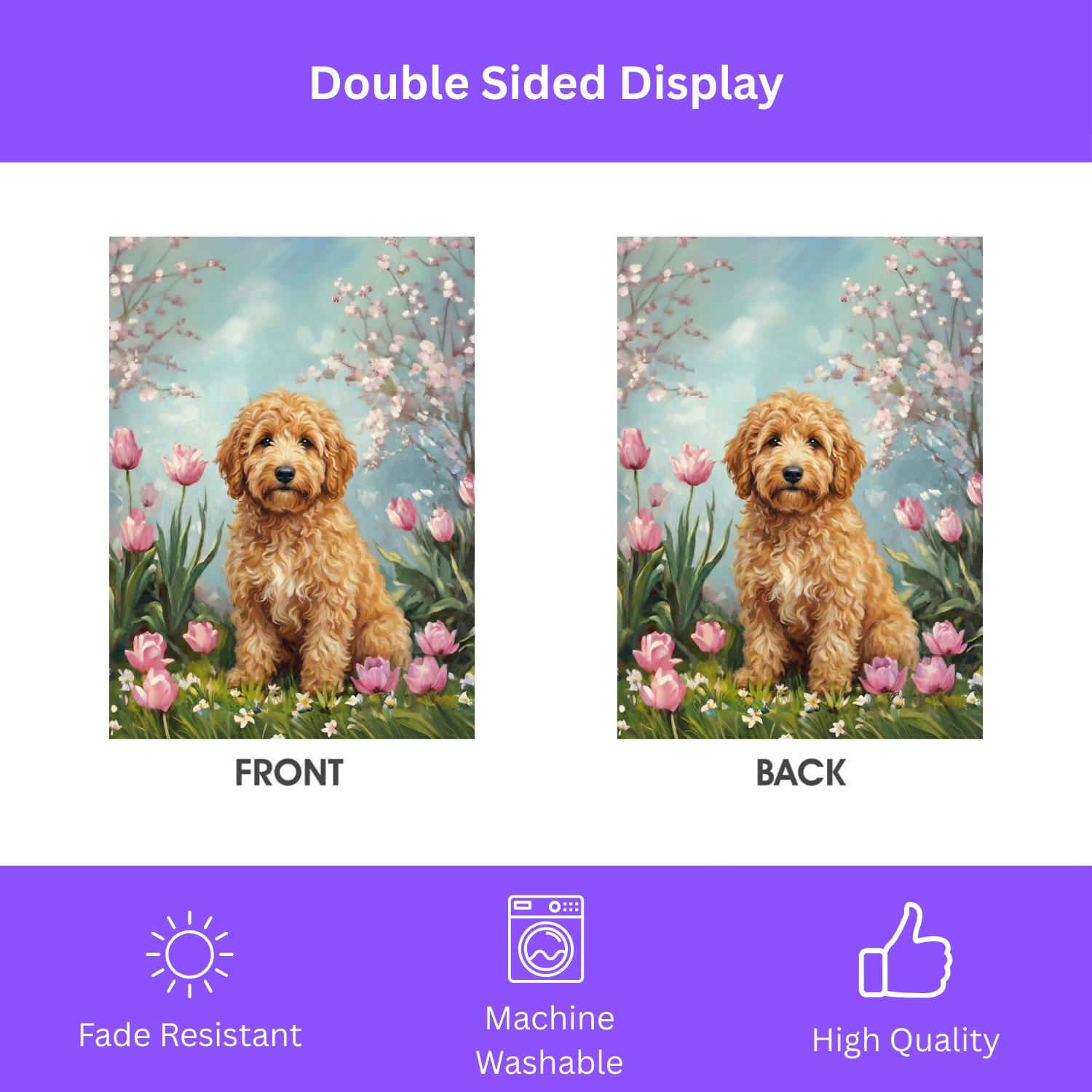 Golden Noodle in the Tulips Spring Garden Flag - double-sided design - Dragonfire Gardens