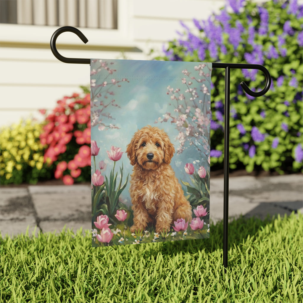 Golden Noodle in the Tulips Spring Garden Flag - outdoor display - Dragonfire Gardens