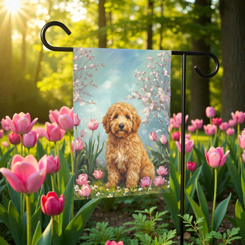 Golden Noodle in the Tulips Spring Garden Flag - size comparison - Dragonfire Gardens