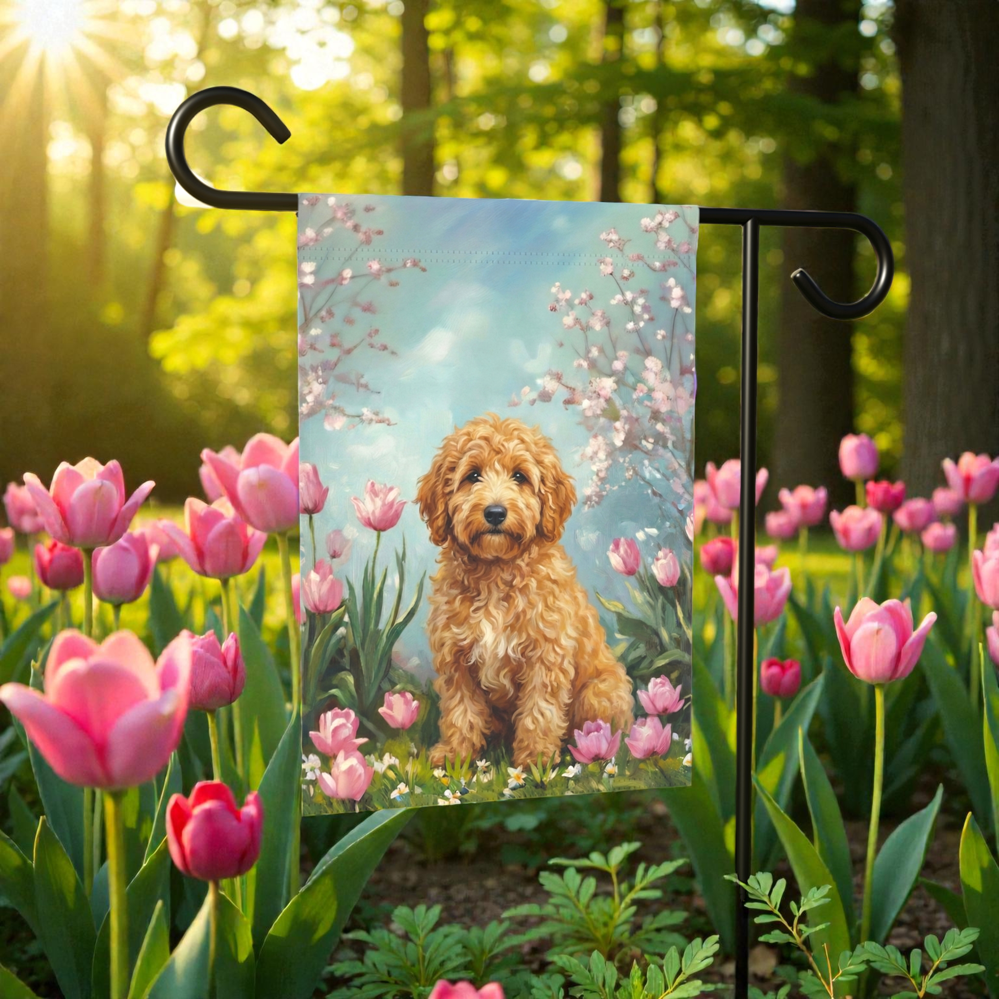 Golden Noodle in the Tulips Spring Garden Flag - size comparison - Dragonfire Gardens