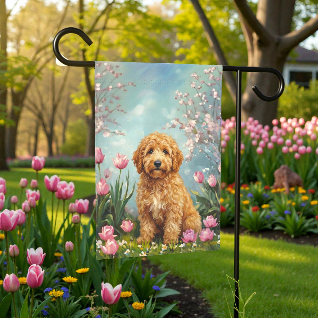 Golden Noodle in the Tulips Spring Garden Flag - product detail - Dragonfire Gardens