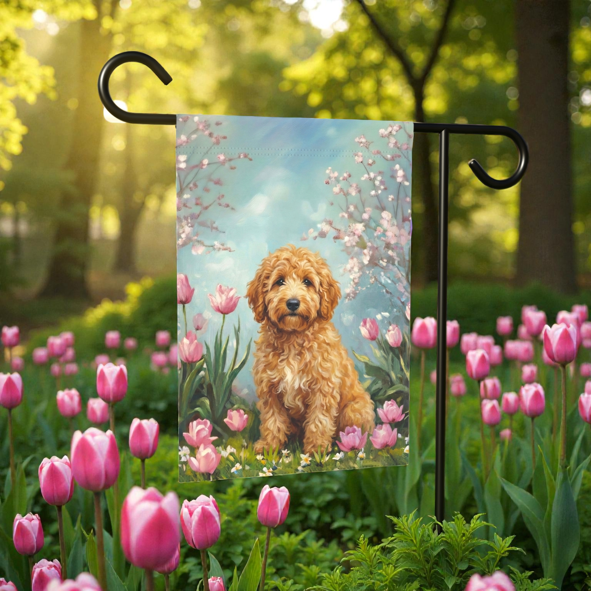 Golden Noodle in the Tulips Spring Garden Flag - lifestyle display - Dragonfire Gardens