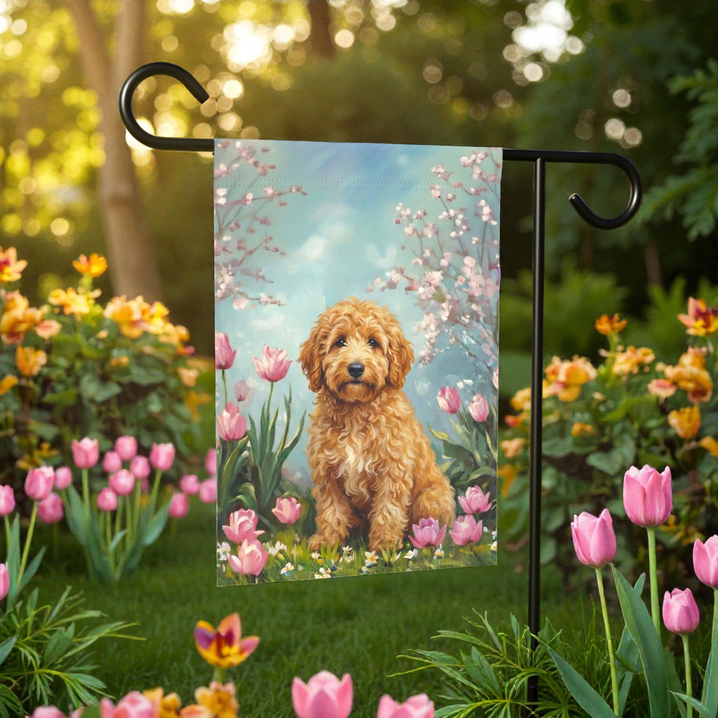 Golden Noodle in the Tulips Spring Garden Flag - front view - Dragonfire Gardens