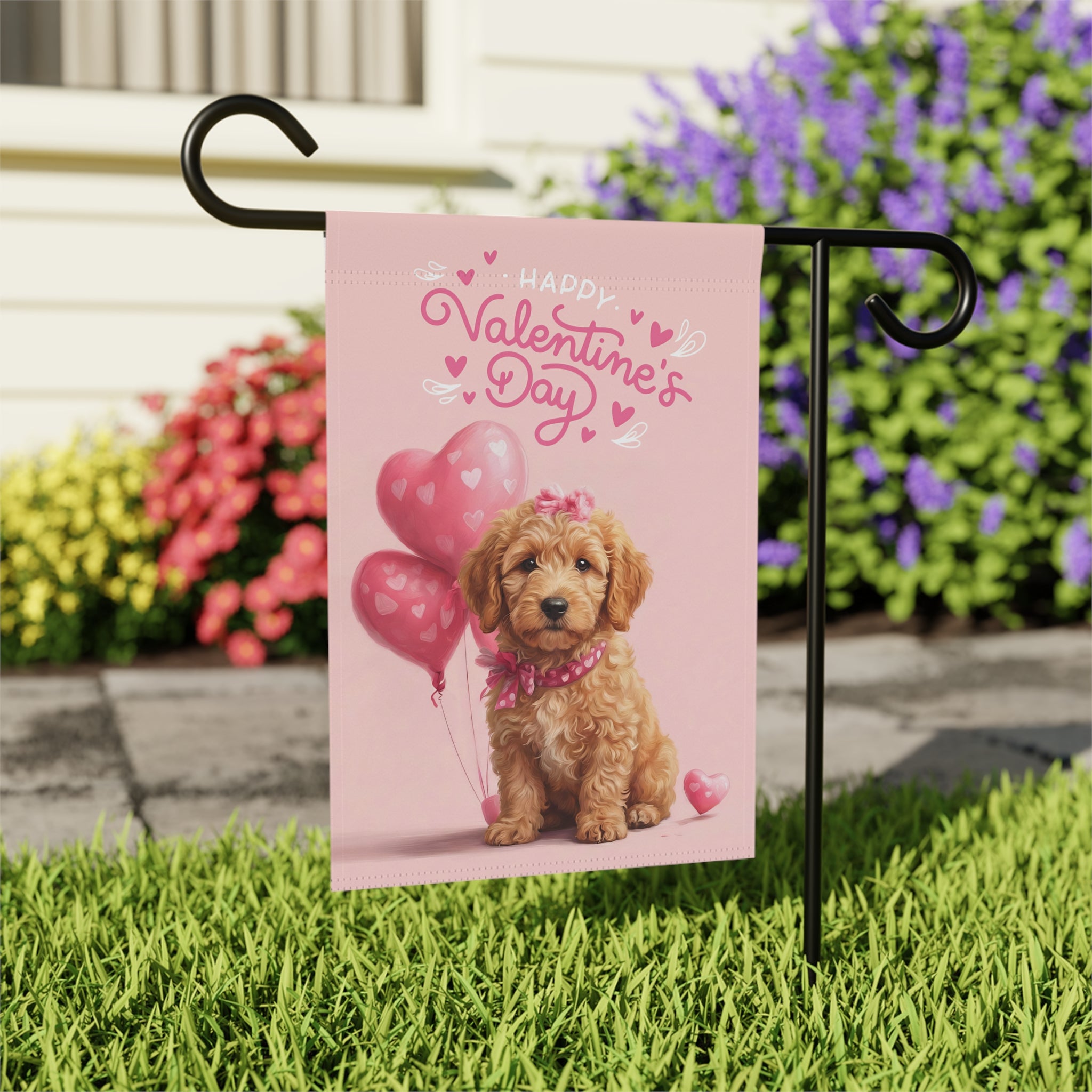 Golden Noodle Happy Valentine's Day Garden Flag - outdoor display - Dragonfire Gardens