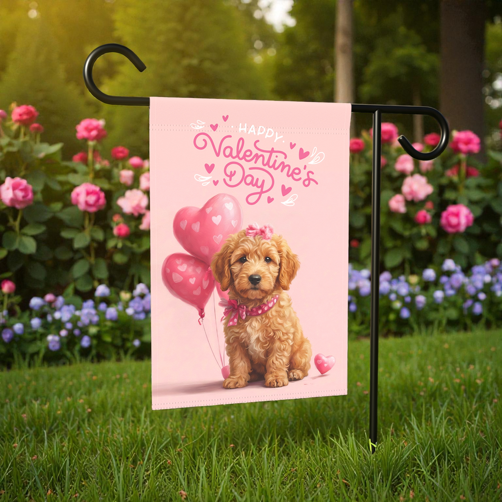 Golden Noodle Happy Valentine's Day Garden Flag - size comparison - Dragonfire Gardens