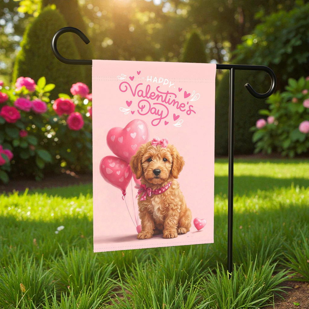 Golden Noodle Happy Valentine's Day Garden Flag - lifestyle display - Dragonfire Gardens