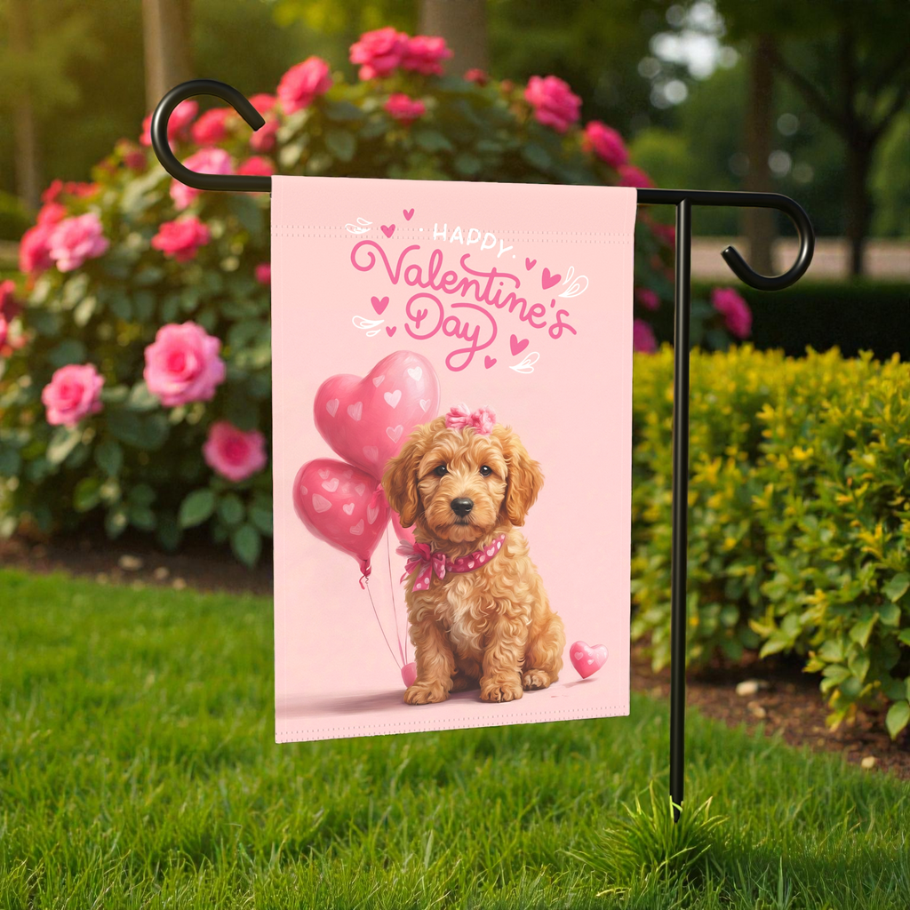 Golden Noodle Happy Valentine's Day Garden Flag - front view - Dragonfire Gardens