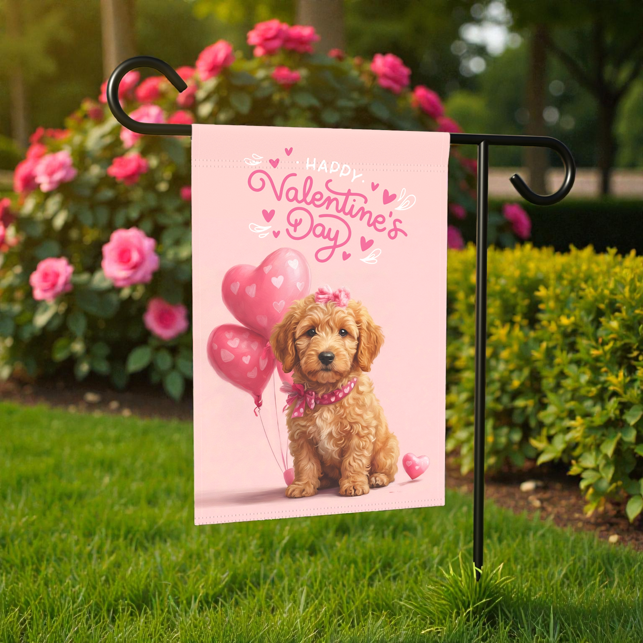 Golden Noodle Happy Valentine's Day Garden Flag - front view - Dragonfire Gardens