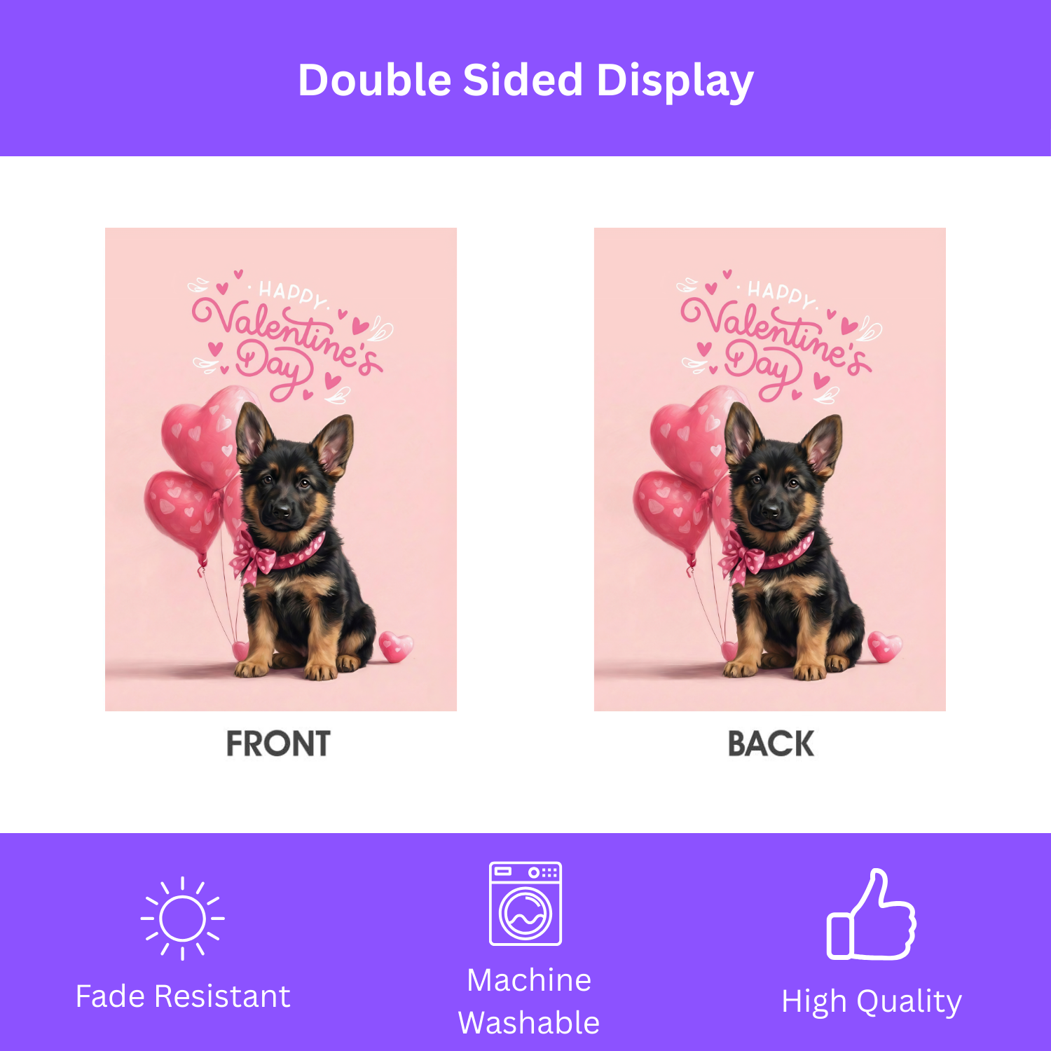 German Shepherd Puppy Happy Valentine's Day Garden Flag - double-sided design - Dragonfire Gardens