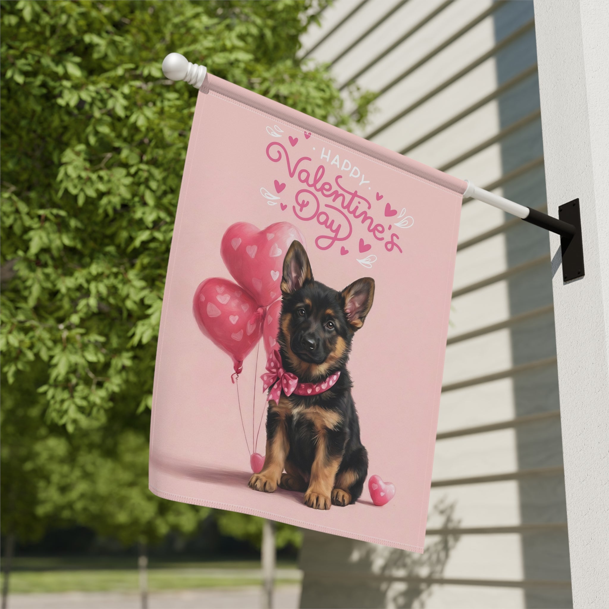 German Shepherd Puppy Happy Valentine's Day Garden Flag - close-up detail - Dragonfire Gardens