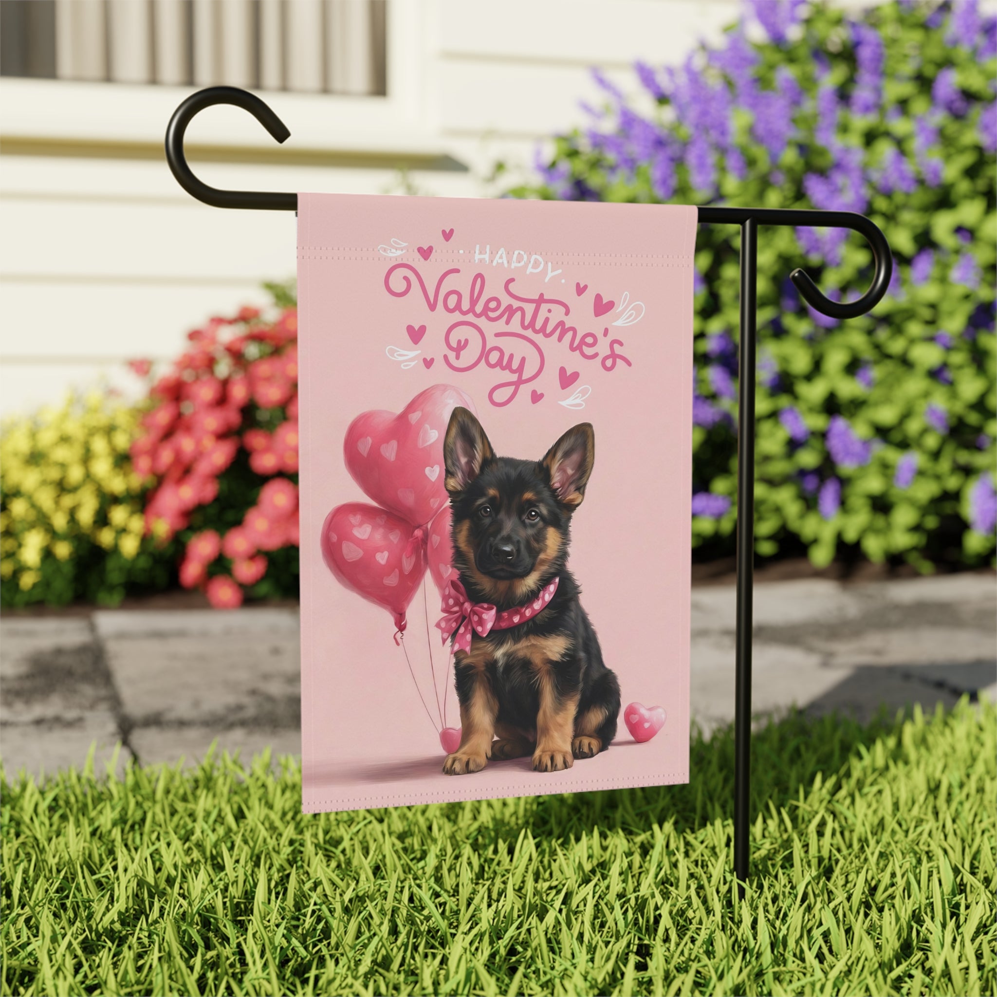German Shepherd Puppy Happy Valentine's Day Garden Flag - outdoor display - Dragonfire Gardens