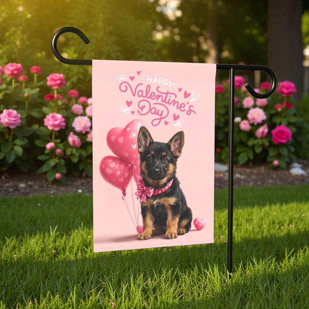 German Shepherd Puppy Happy Valentine's Day Garden Flag - size comparison - Dragonfire Gardens