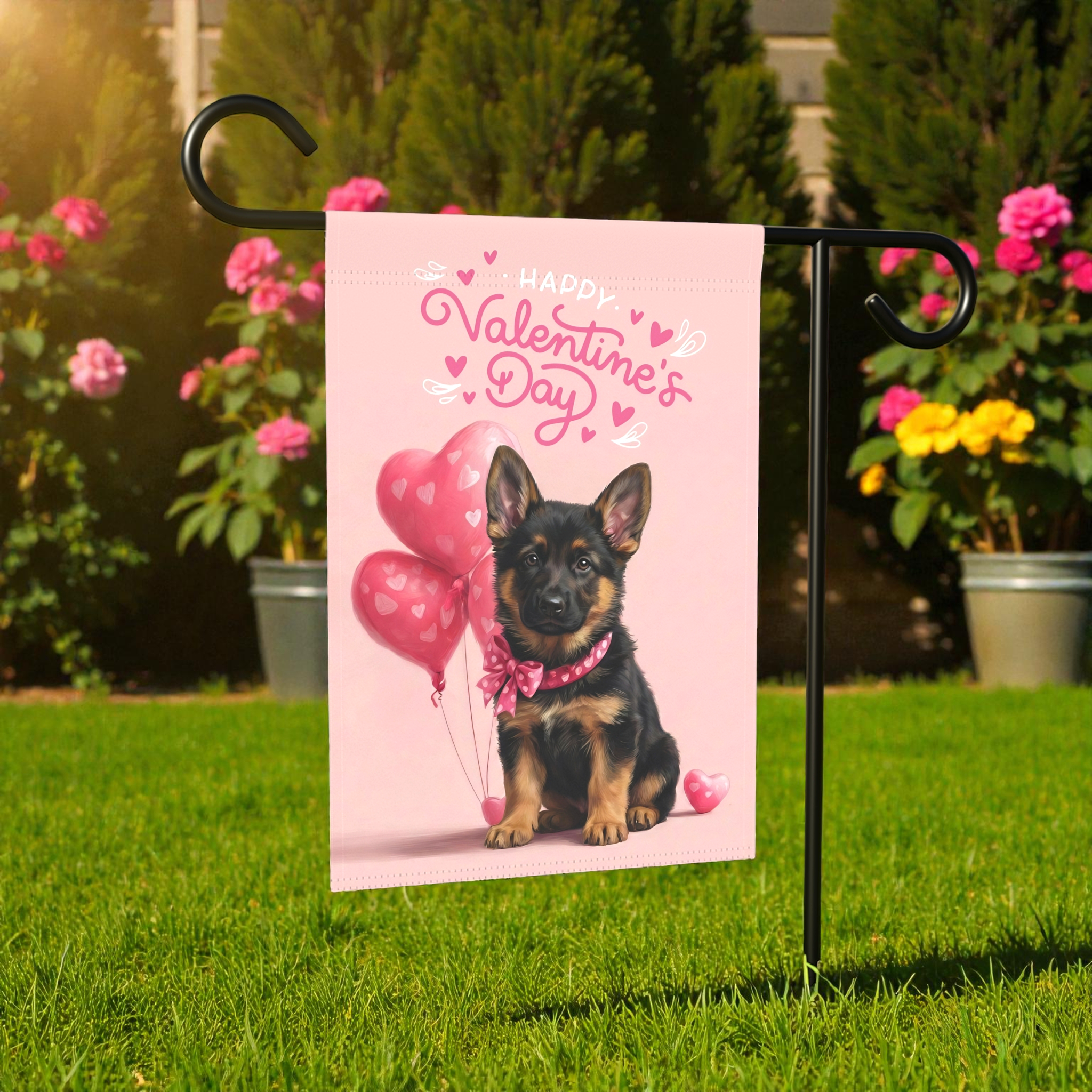 German Shepherd Puppy Happy Valentine's Day Garden Flag - product detail - Dragonfire Gardens