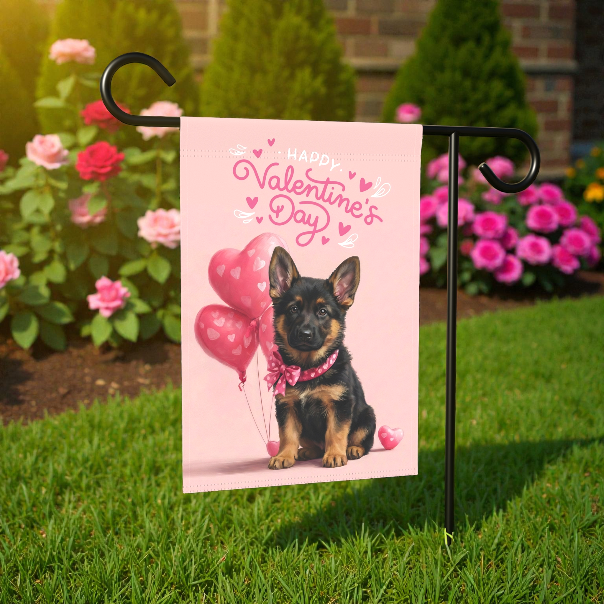 German Shepherd Puppy Happy Valentine's Day Garden Flag - lifestyle display - Dragonfire Gardens