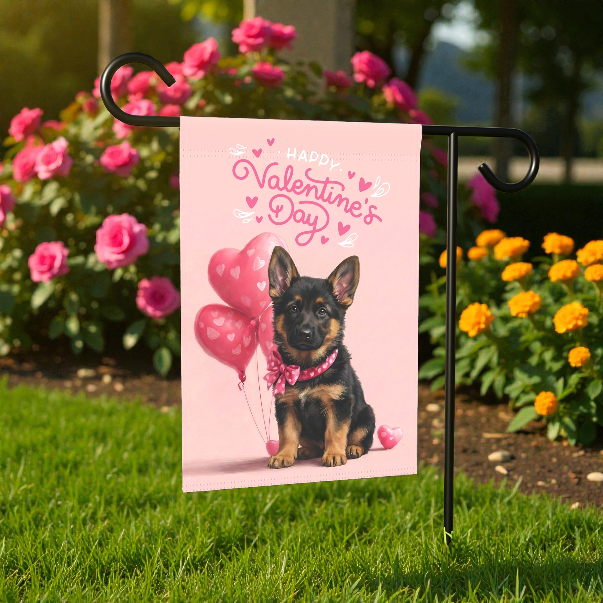 German Shepherd Puppy Happy Valentine's Day Garden Flag - front view - Dragonfire Gardens