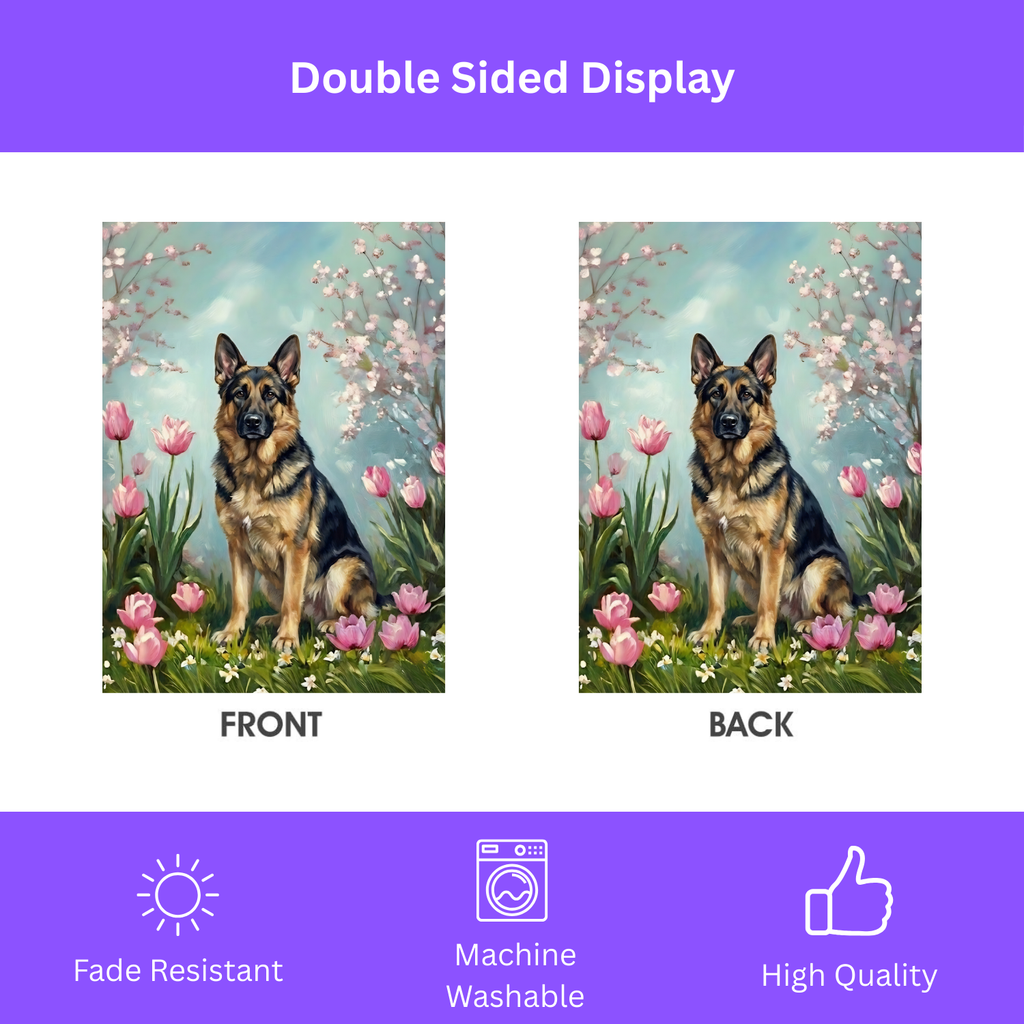 German Shepherd in the Tulips Spring Garden Flag - double-sided design - Dragonfire Gardens