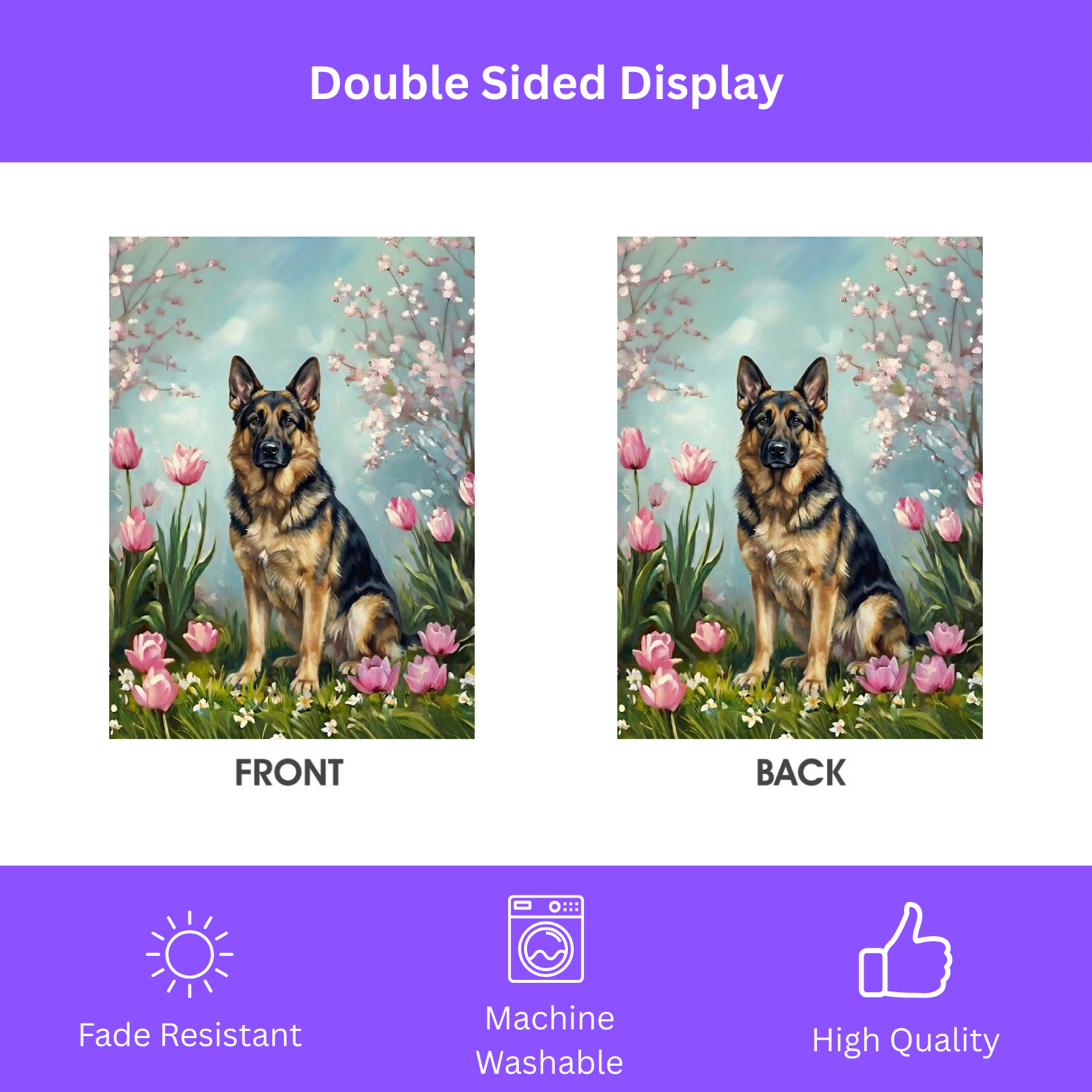 German Shepherd in the Tulips Spring Garden Flag - double-sided design - Dragonfire Gardens