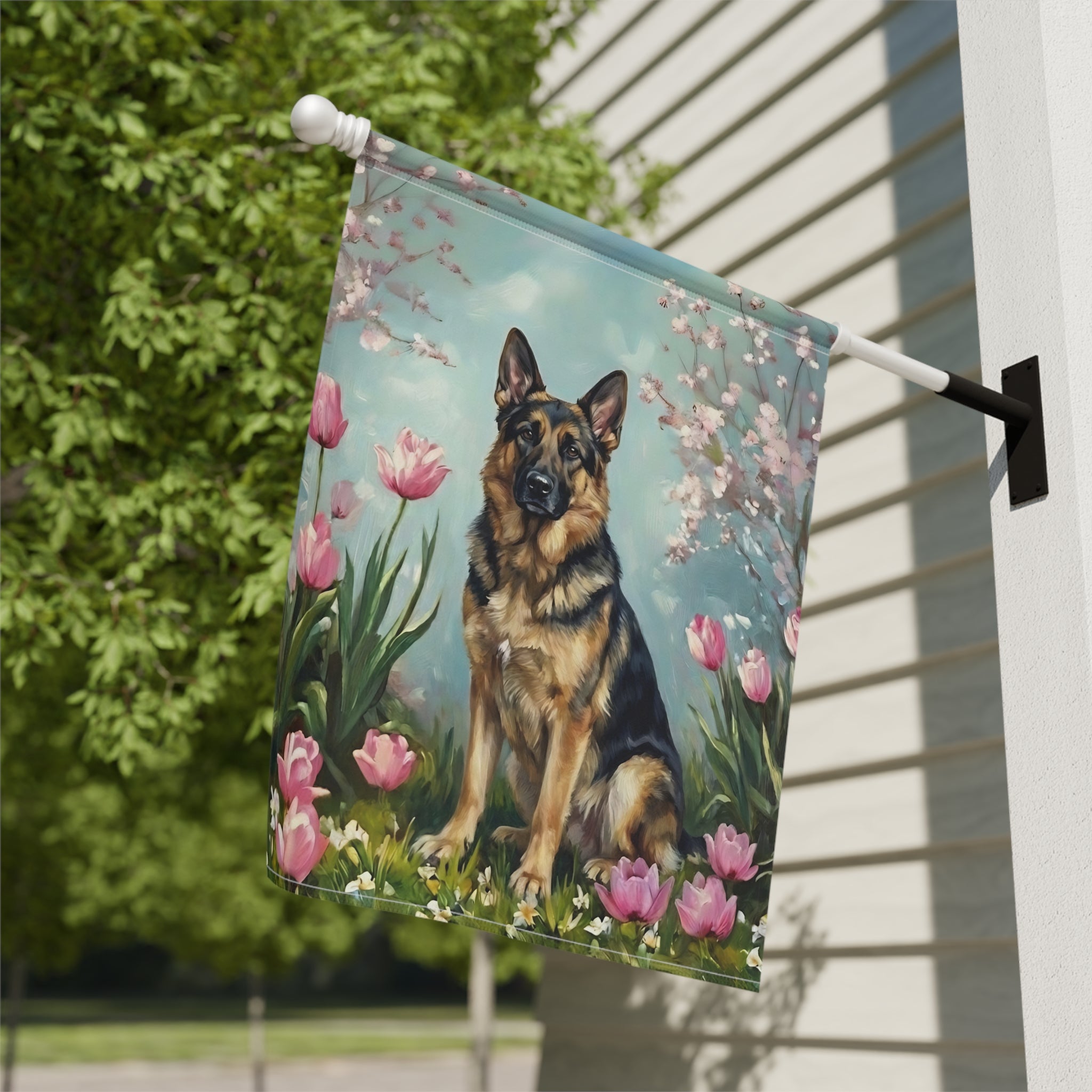 German Shepherd in the Tulips Spring Garden Flag - close-up detail - Dragonfire Gardens