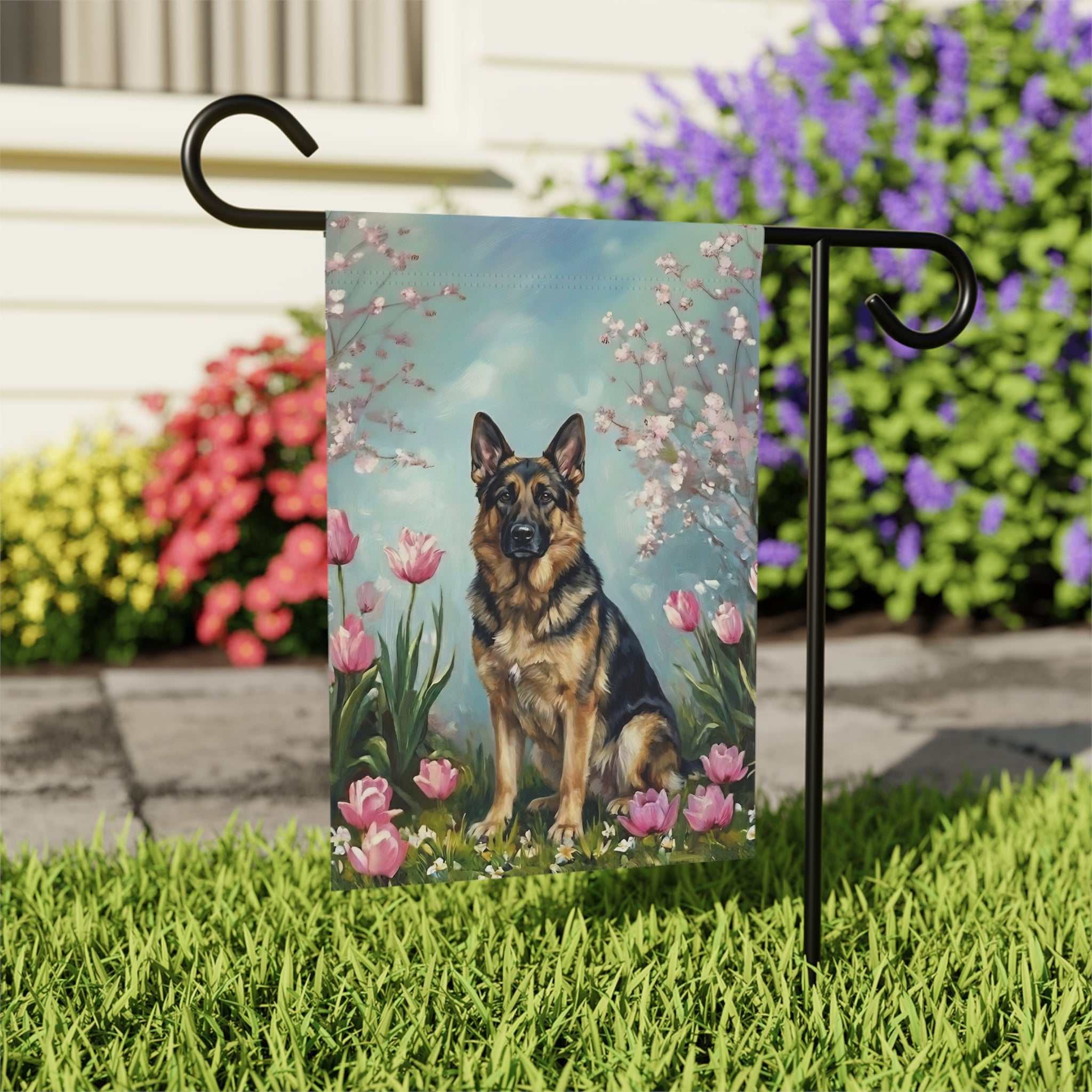 German Shepherd in the Tulips Spring Garden Flag - outdoor display - Dragonfire Gardens