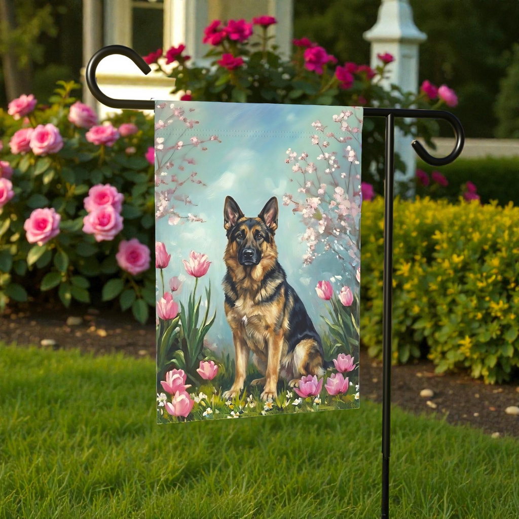 German Shepherd in the Tulips Spring Garden Flag - size comparison - Dragonfire Gardens