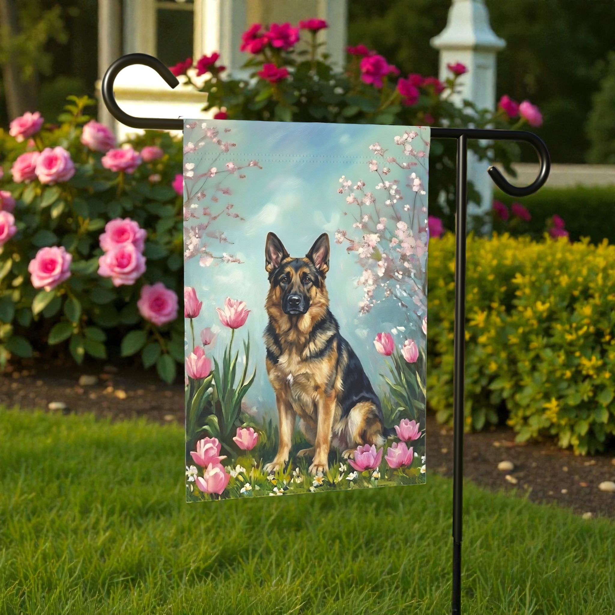 German Shepherd in the Tulips Spring Garden Flag - size comparison - Dragonfire Gardens