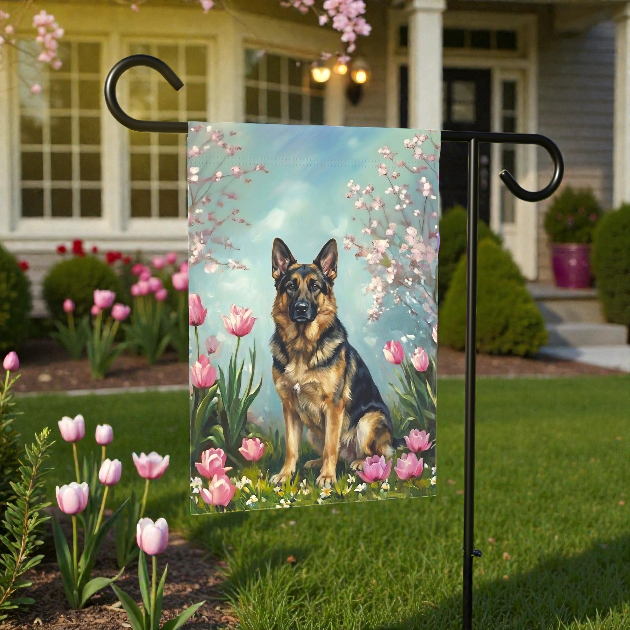 German Shepherd in the Tulips Spring Garden Flag - lifestyle display - Dragonfire Gardens