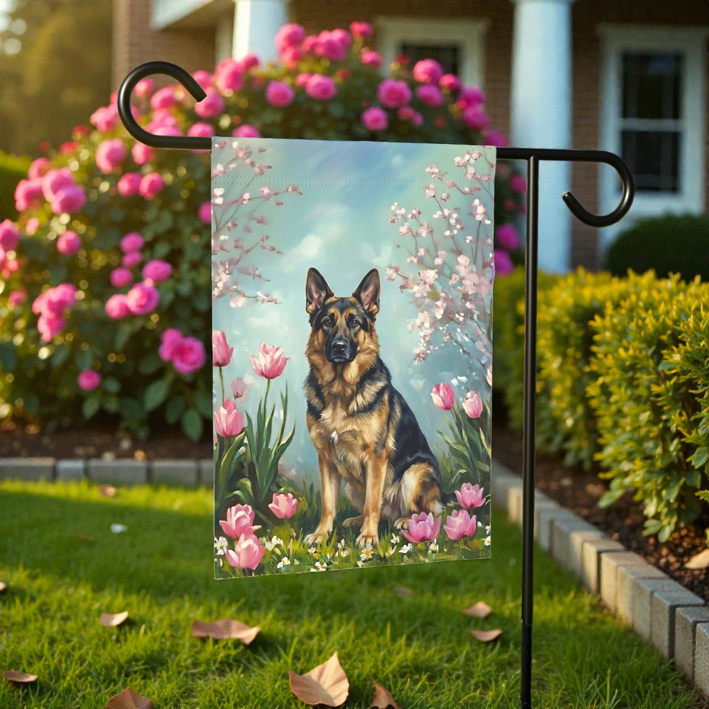 German Shepherd in the Tulips Spring Garden Flag - front view - Dragonfire Gardens