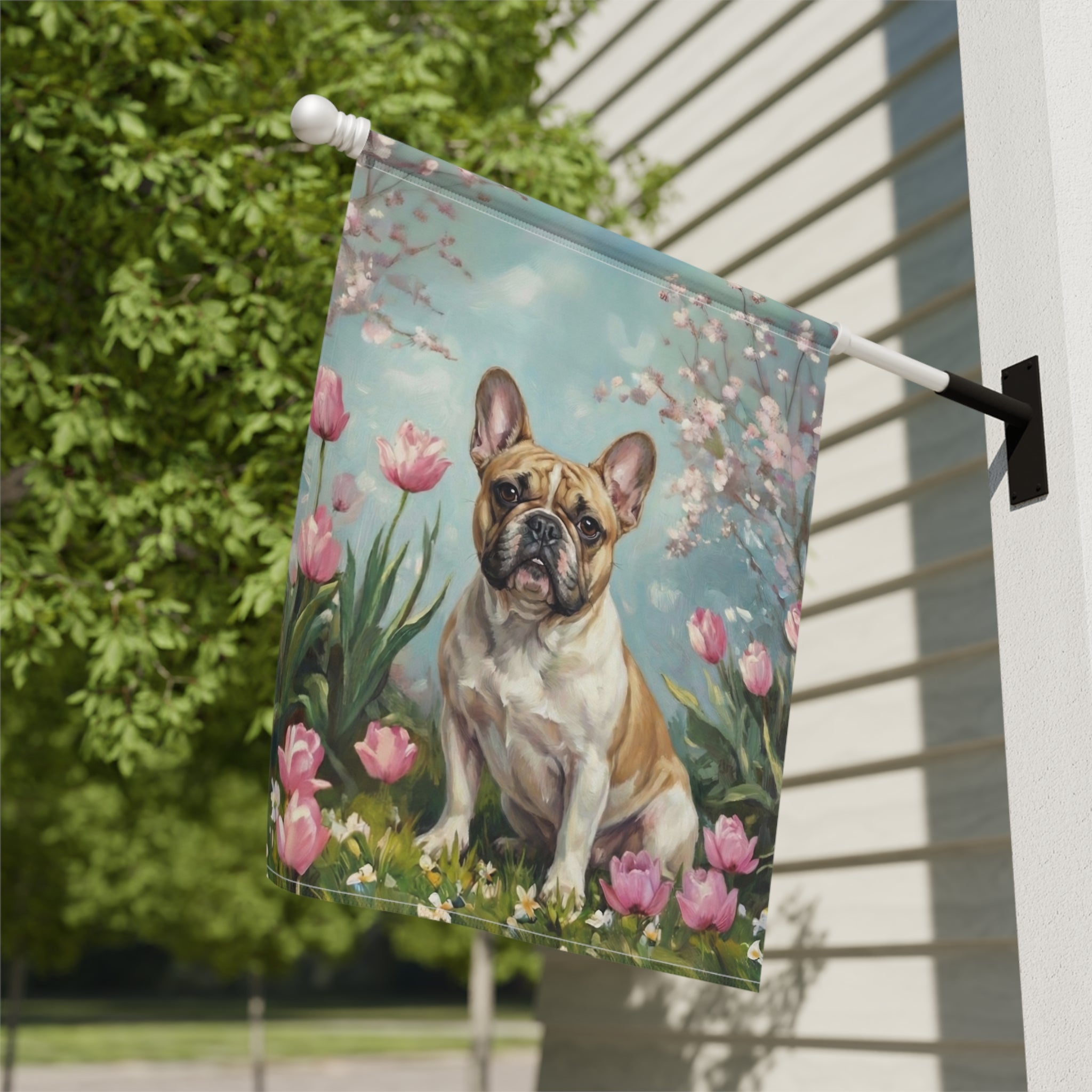 French Bulldog in the Tulips Spring Garden Flag - close-up detail - Dragonfire Gardens