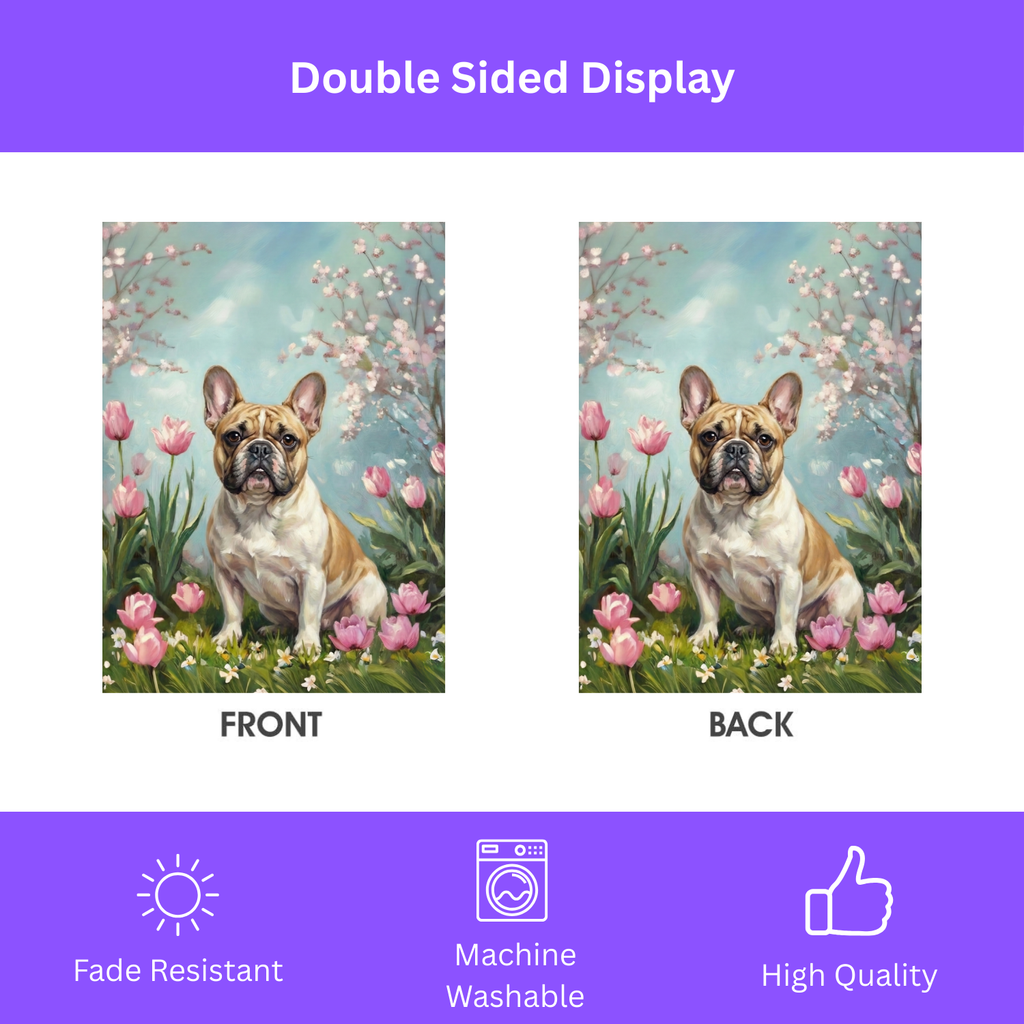 French Bulldog in the Tulips Spring Garden Flag - double-sided design - Dragonfire Gardens