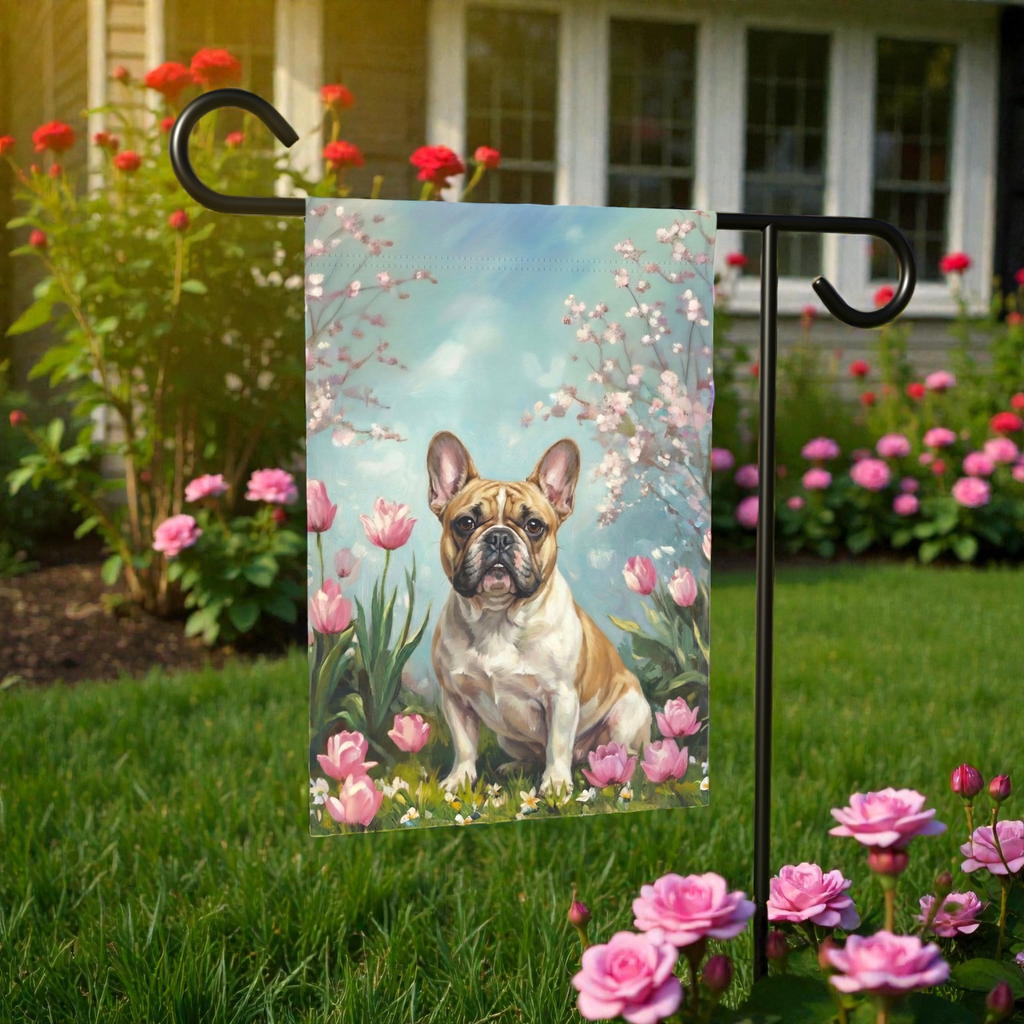 French Bulldog in the Tulips Spring Garden Flag - size comparison - Dragonfire Gardens