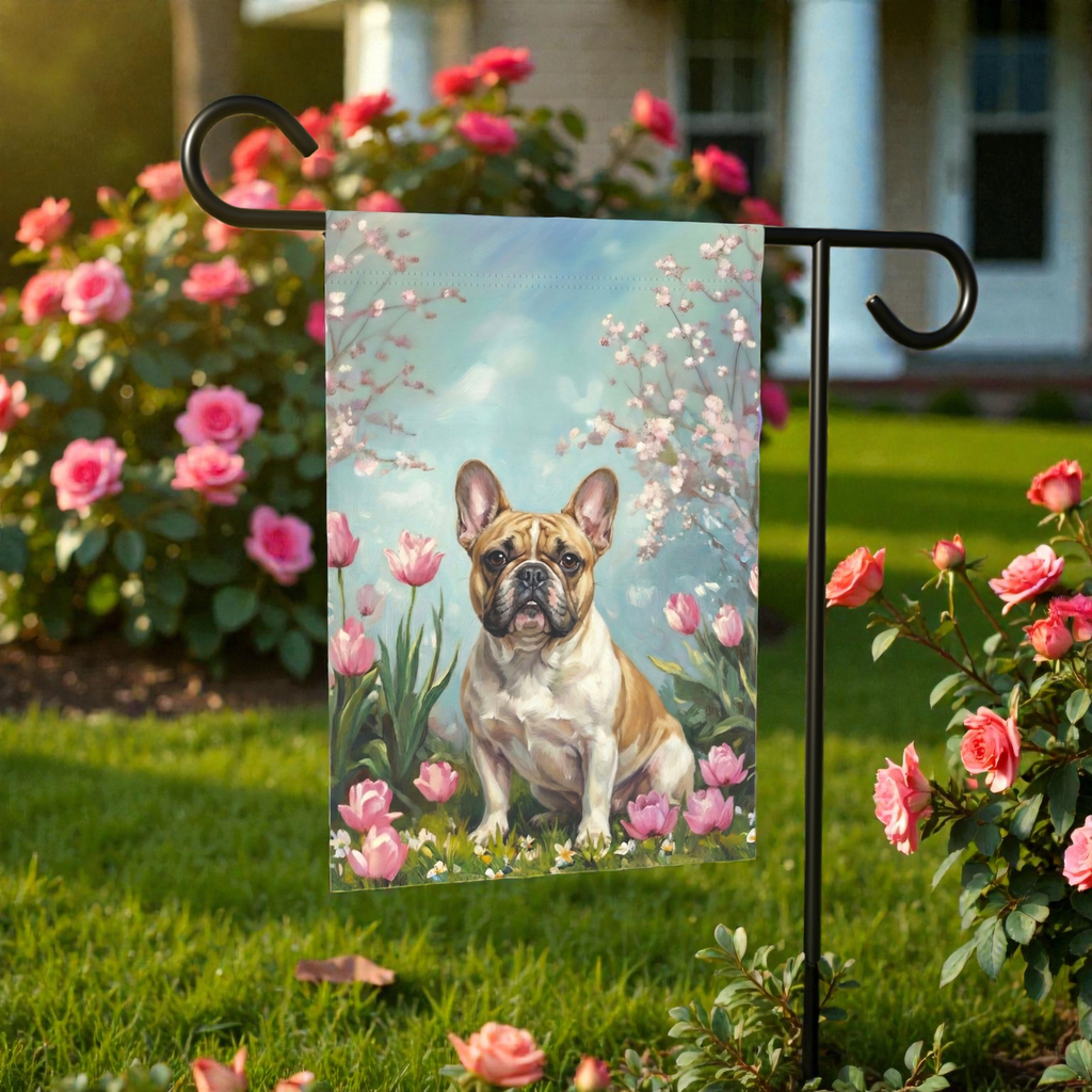French Bulldog in the Tulips Spring Garden Flag - front view - Dragonfire Gardens