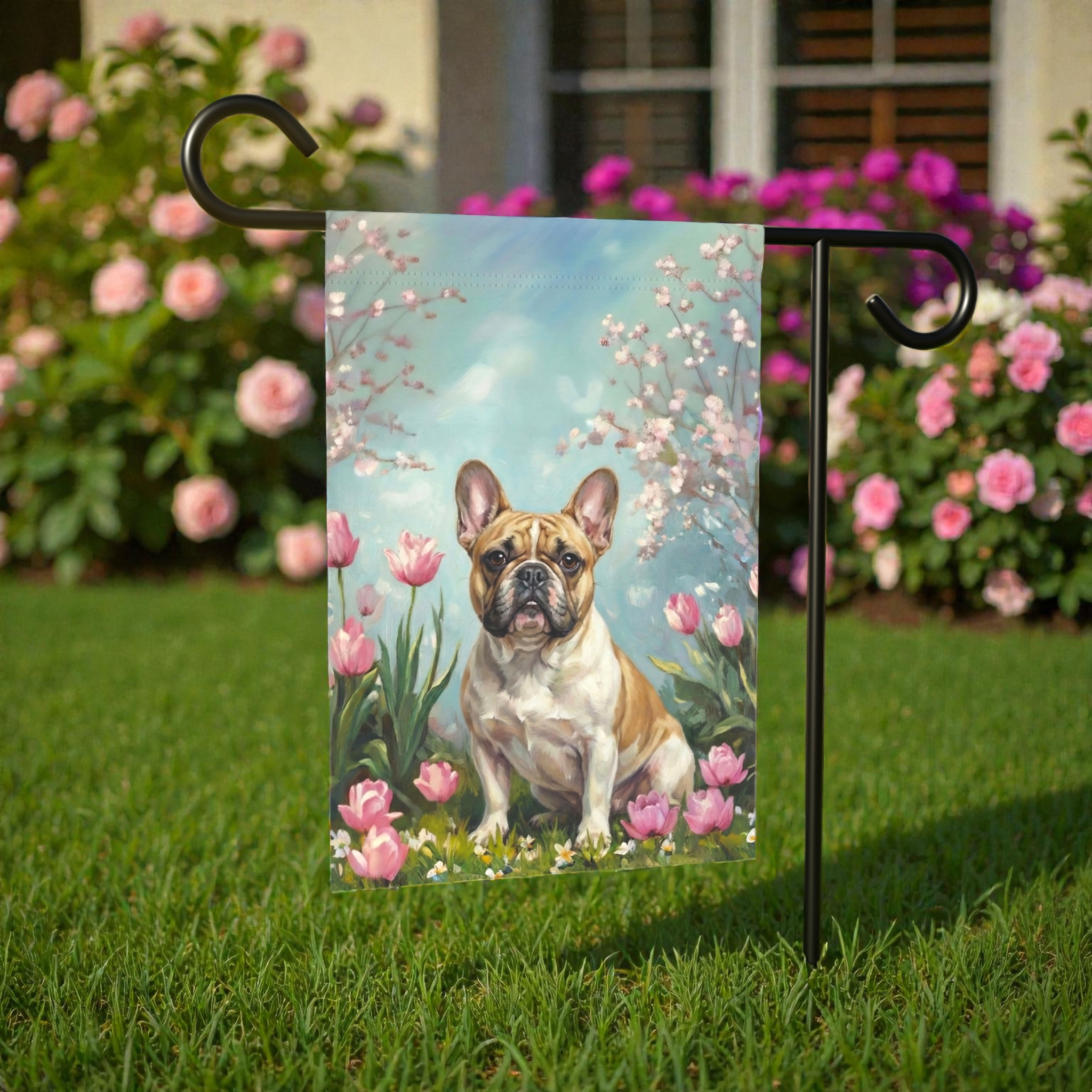 French Bulldog in the Tulips Spring Garden Flag - lifestyle display - Dragonfire Gardens