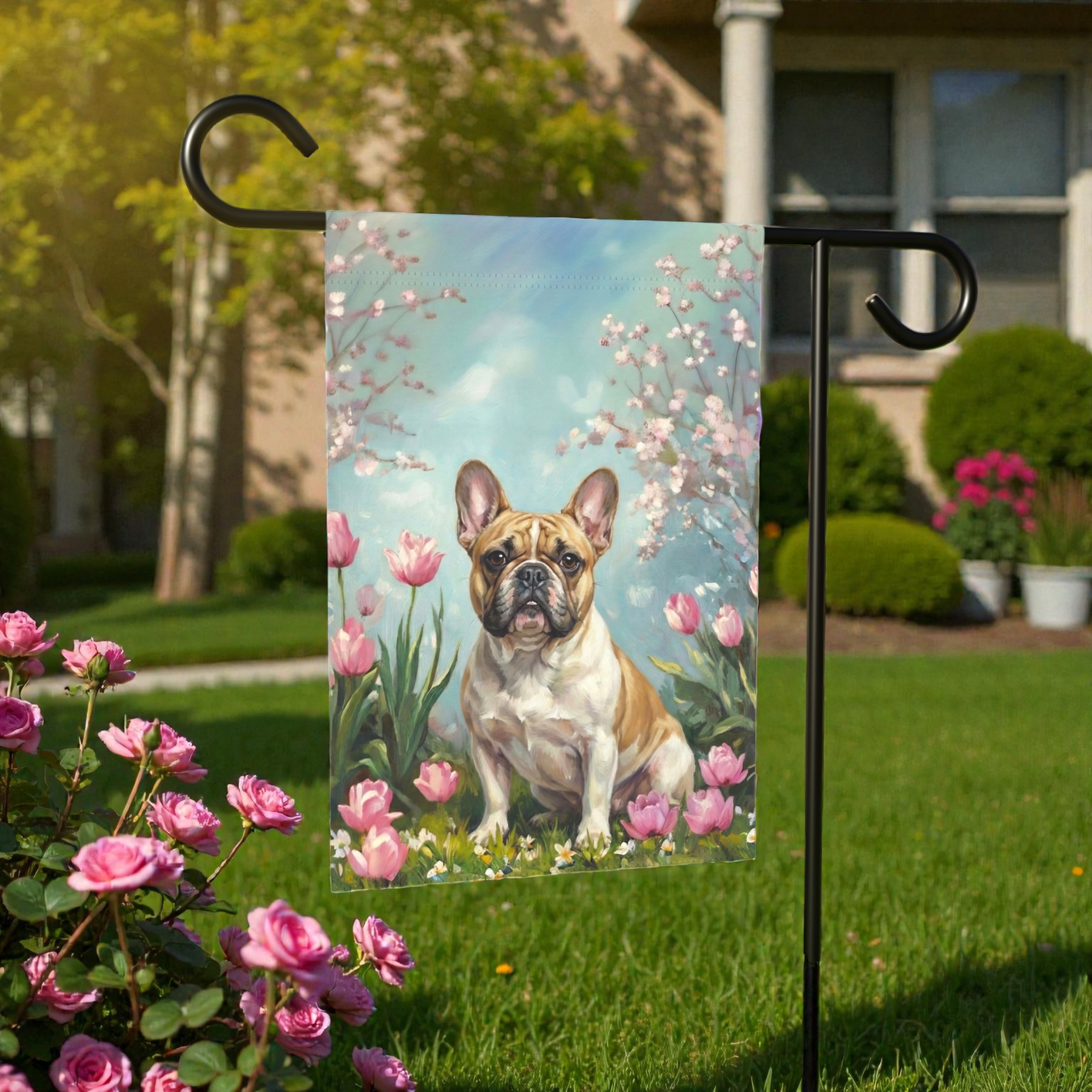 French Bulldog in the Tulips Spring Garden Flag - product detail - Dragonfire Gardens