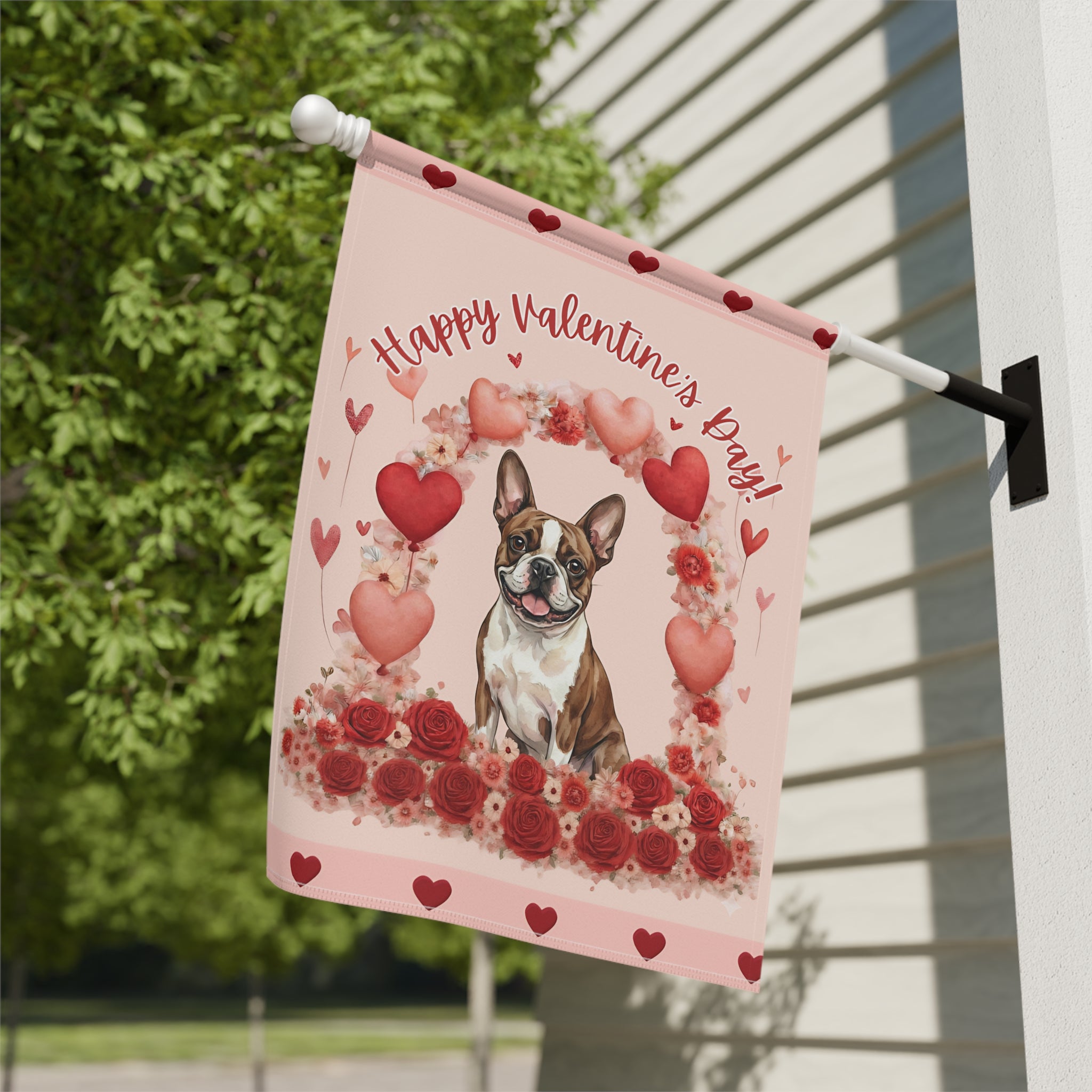 Valentine's Day Brown Boston Terrier Garden Flag