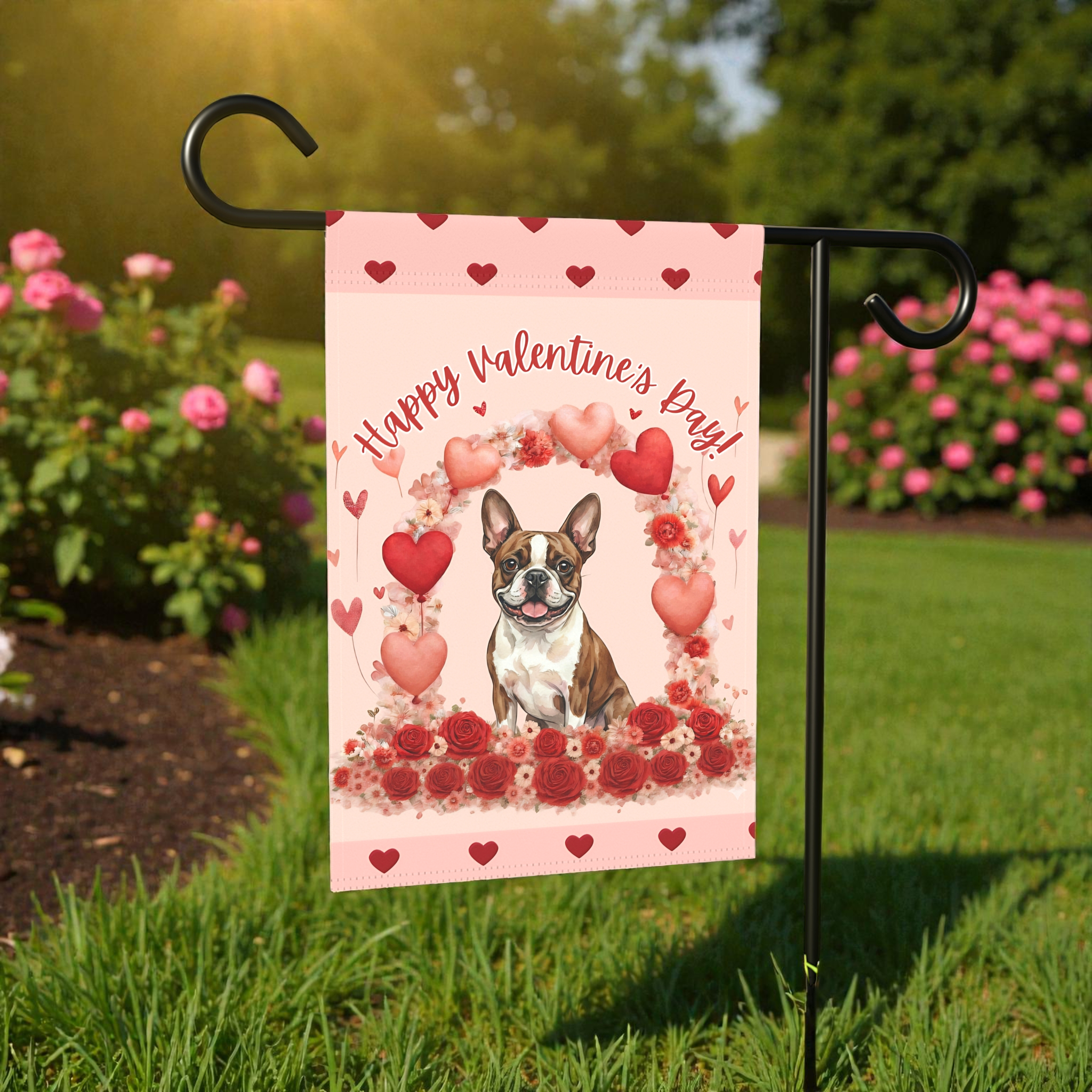 Valentine's Day Brown Boston Terrier Garden Flag